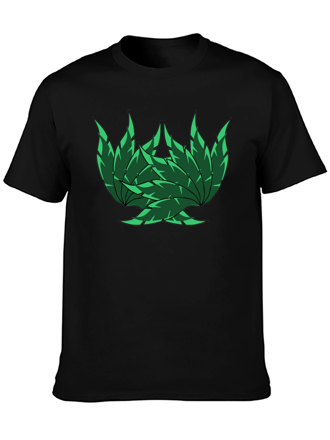 Green Leaf Design Black T-Shirt