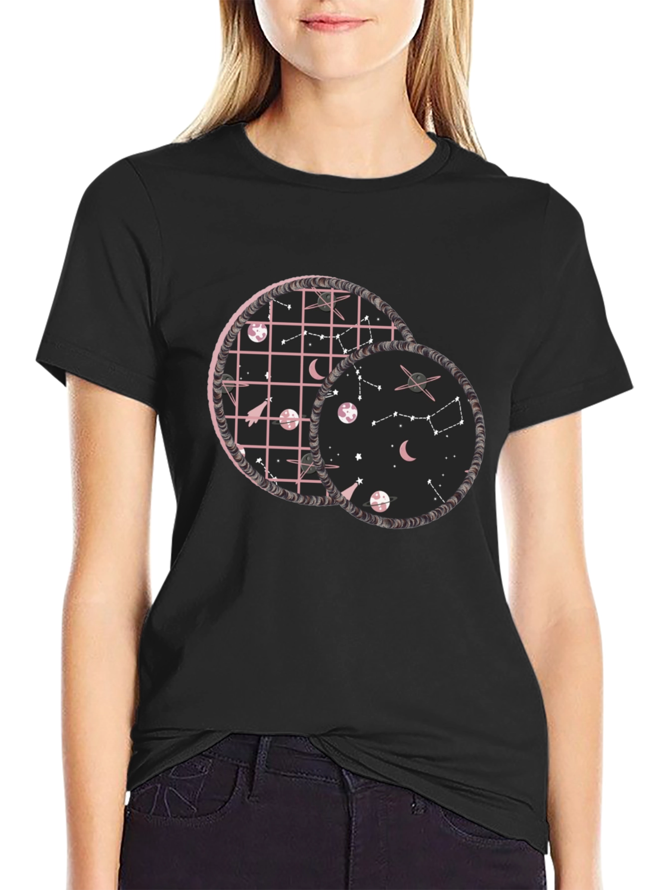 Celestial Circles Graphic Tee - Black Cotton Comfort