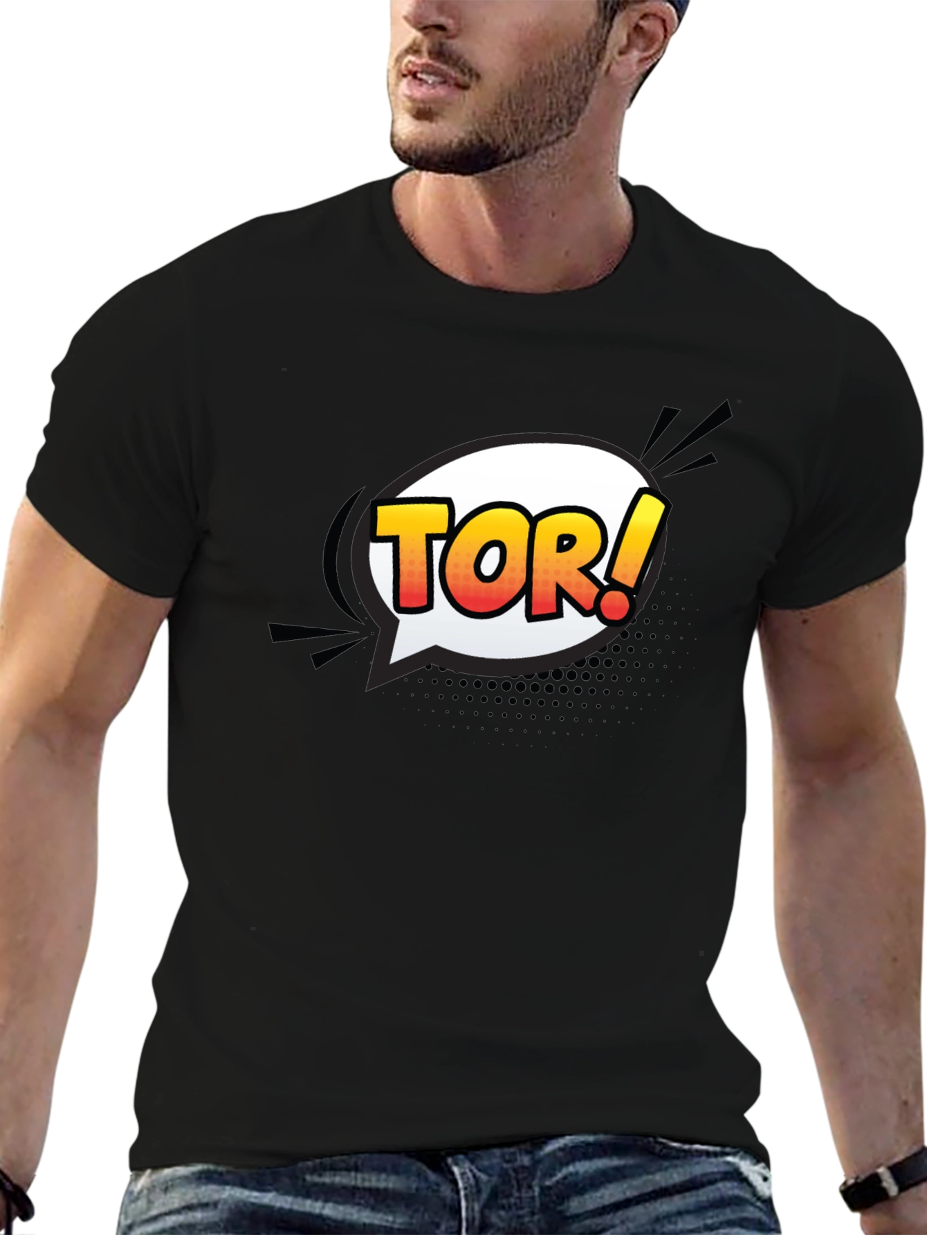 Mens Black T-Shirt with Comic Tor! Design