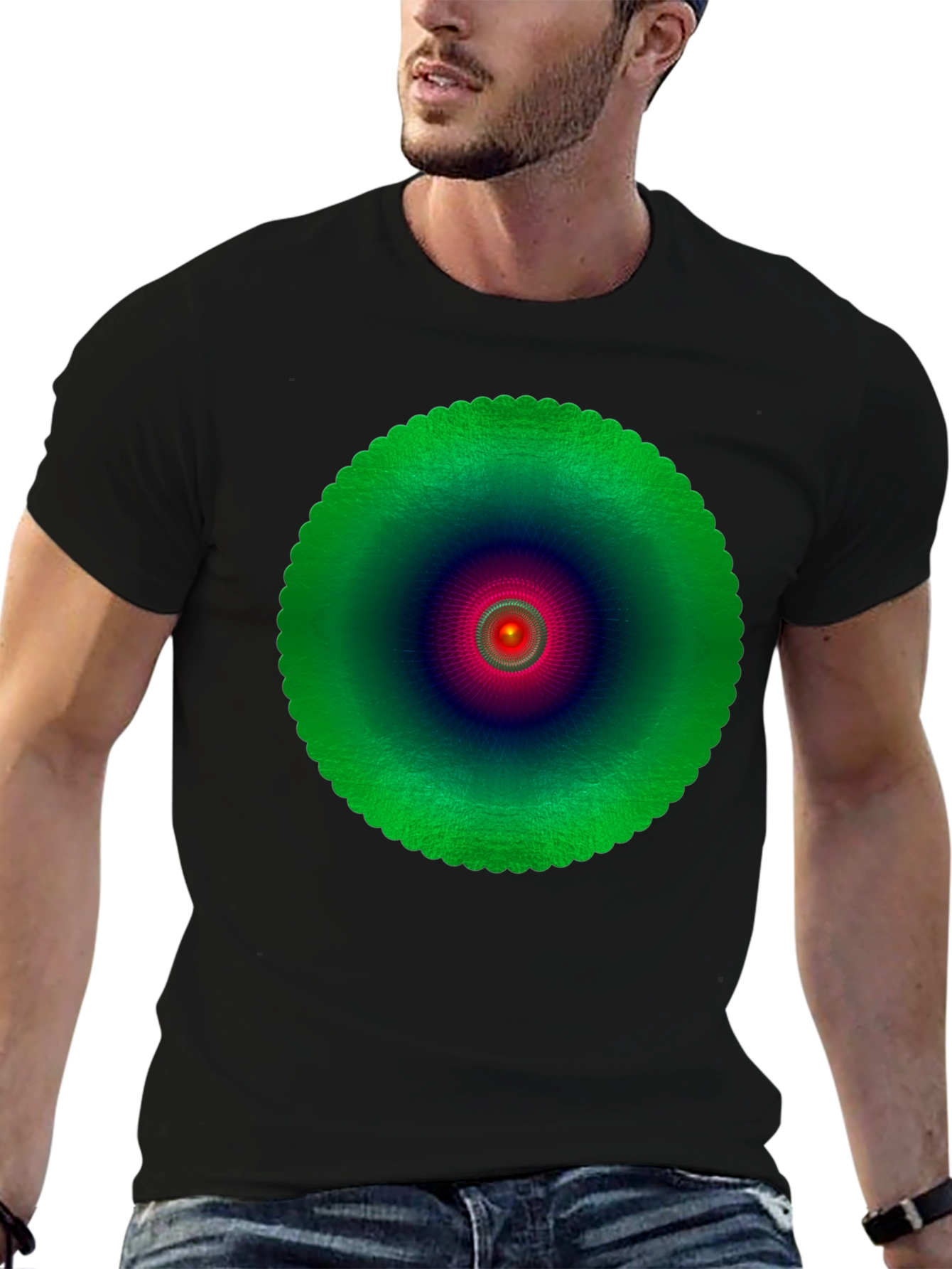 Abstract Green Mandala Graphic Black T-Shirt
