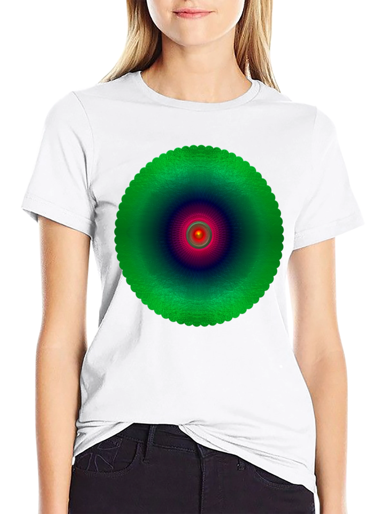 Abstract Green Mandala Graphic Black T-Shirt