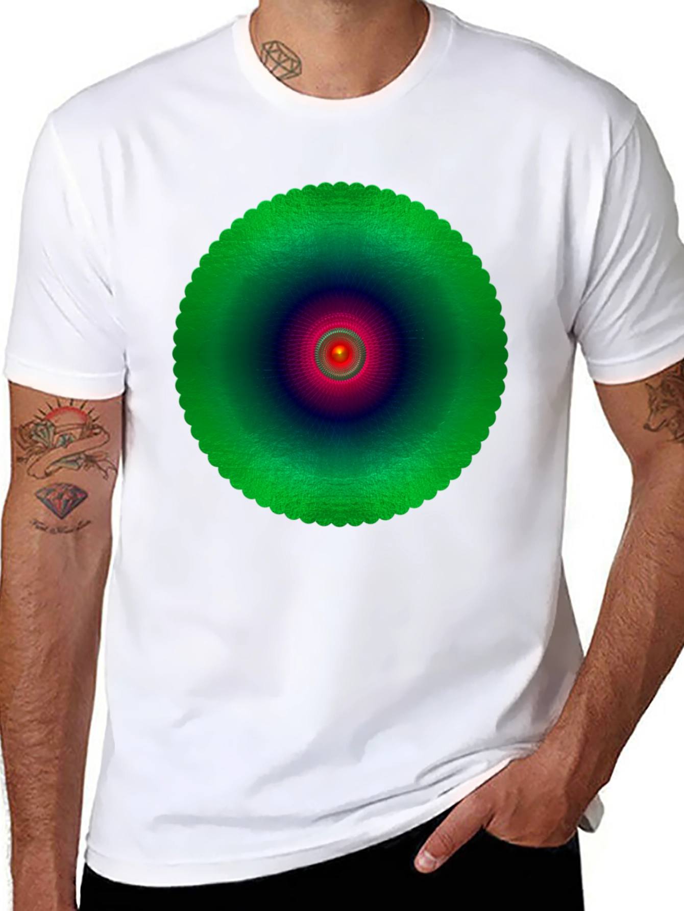 Abstract Green Mandala Graphic Black T-Shirt