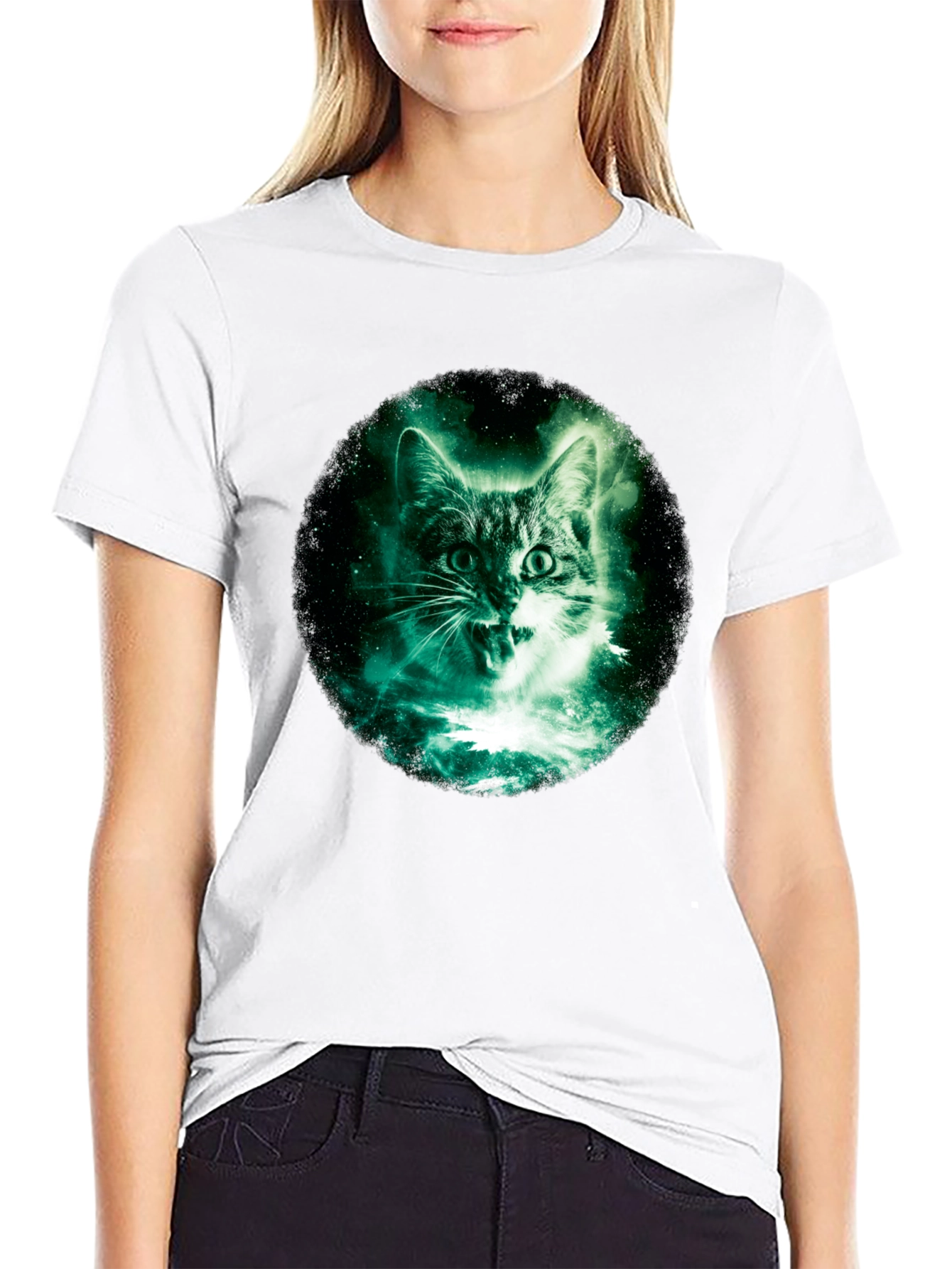 Galaxy Cat Graphic Print Black T-Shirt