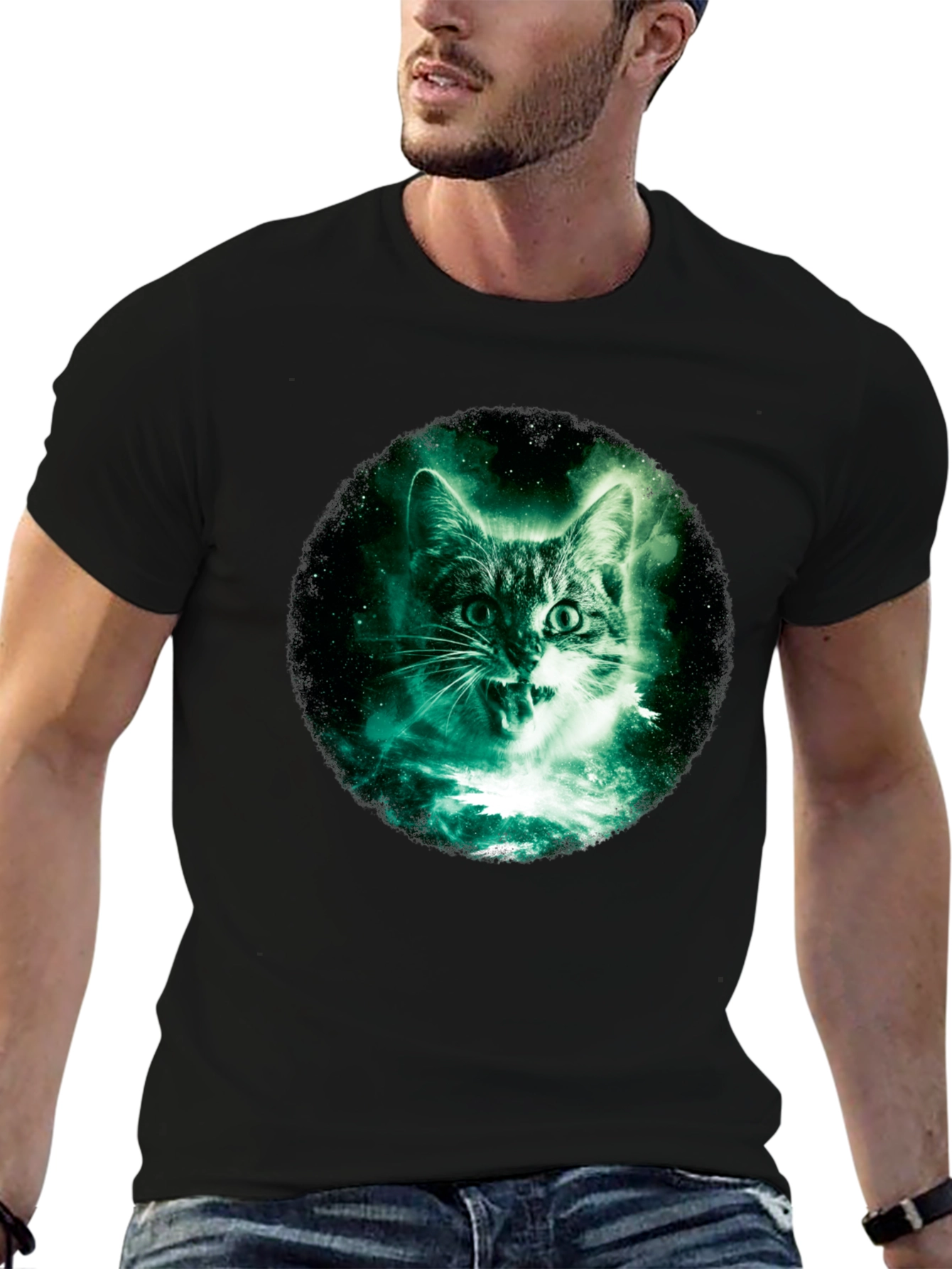 Galaxy Cat Graphic Print Black T-Shirt