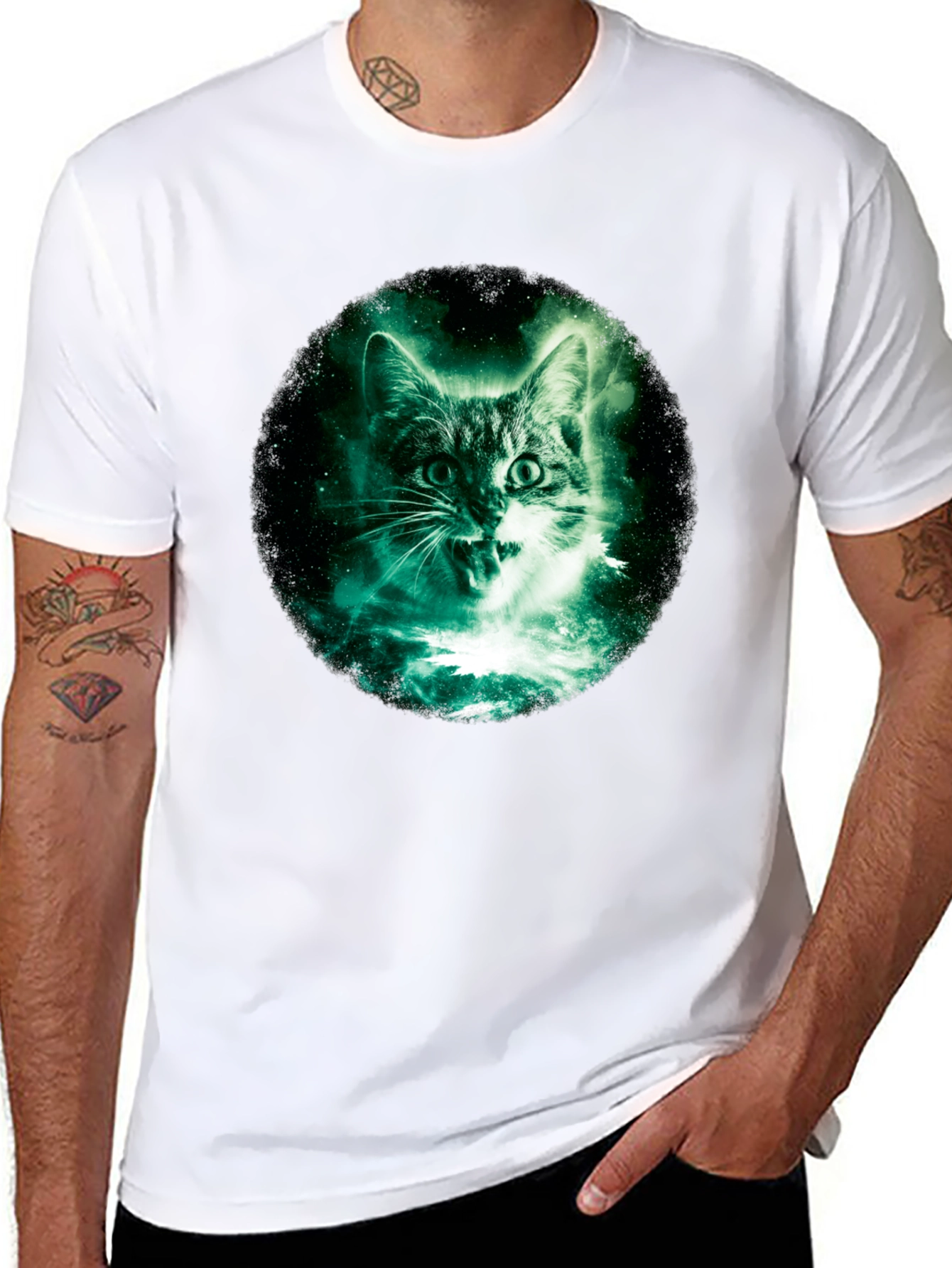 Galaxy Cat Graphic Print Black T-Shirt