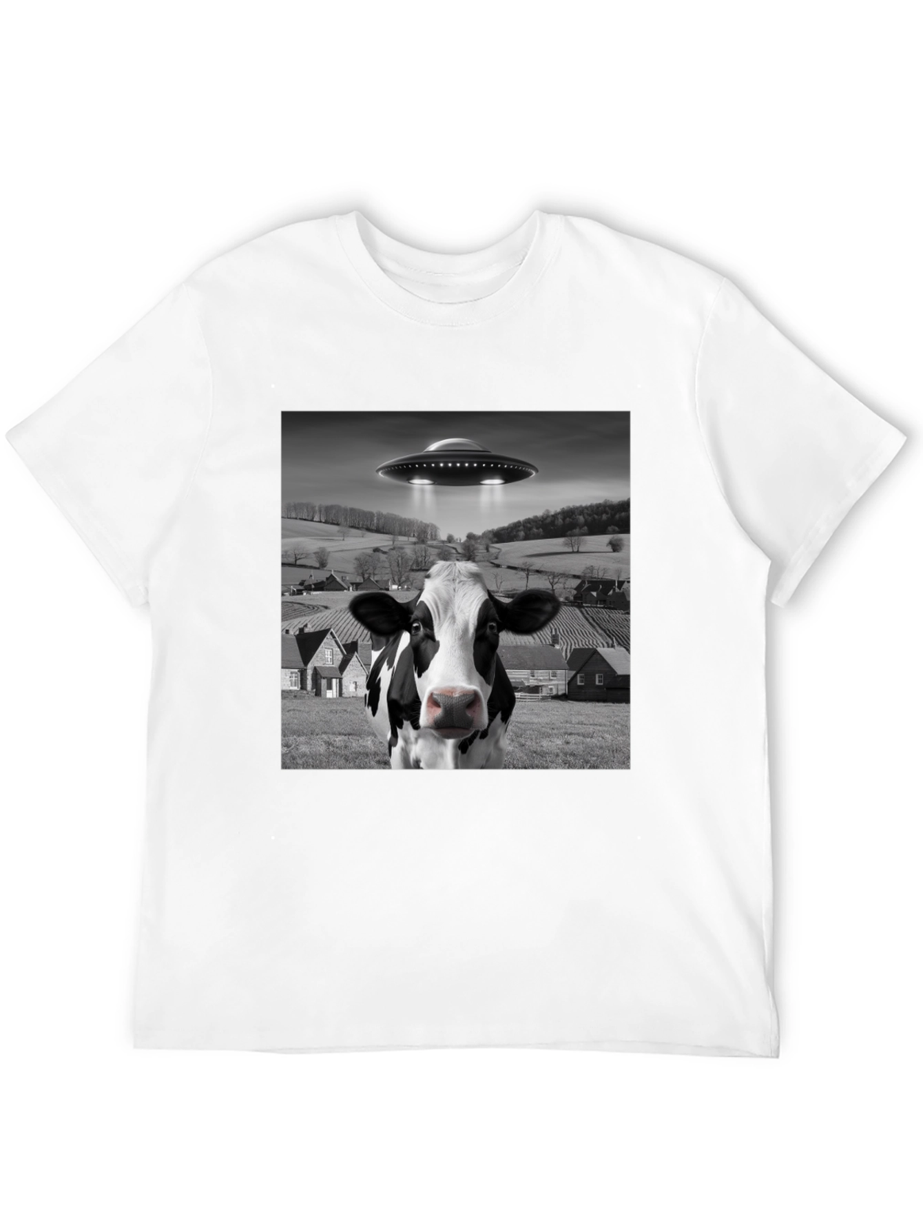 UFO Cow Abduction Black T-Shirt - Novelty Graphic Tee