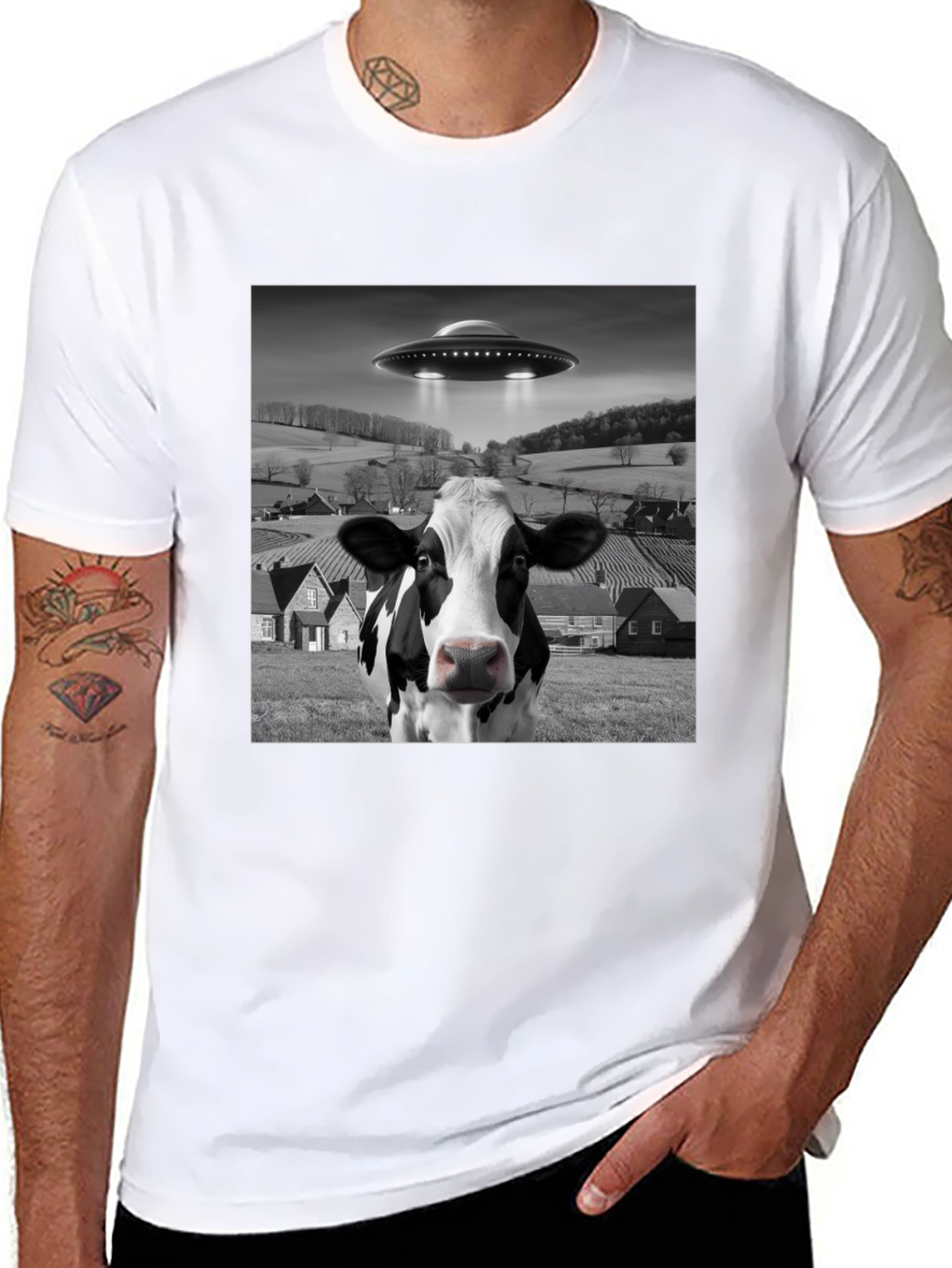 UFO Cow Abduction Black T-Shirt - Novelty Graphic Tee