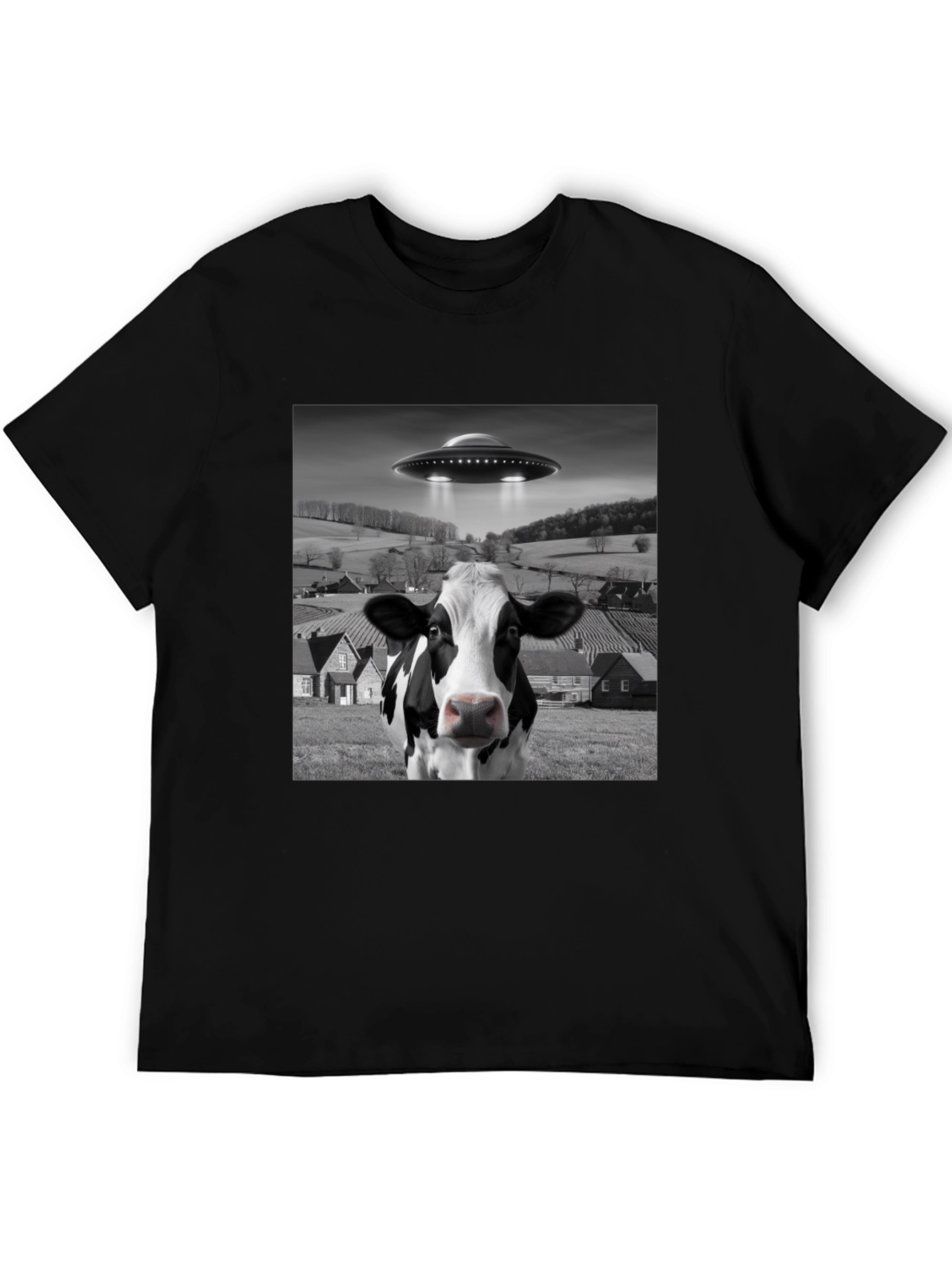 UFO Cow Abduction Black T-Shirt - Novelty Graphic Tee