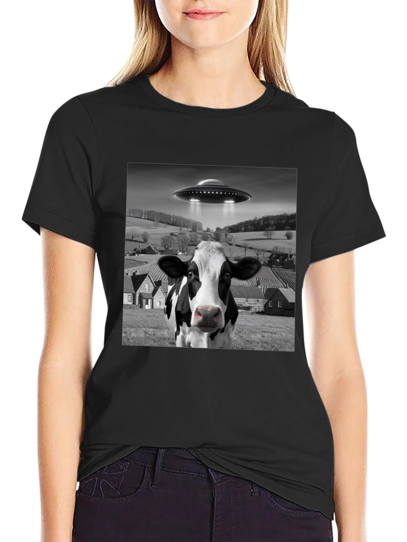 UFO Cow Abduction Black T-Shirt - Novelty Graphic Tee