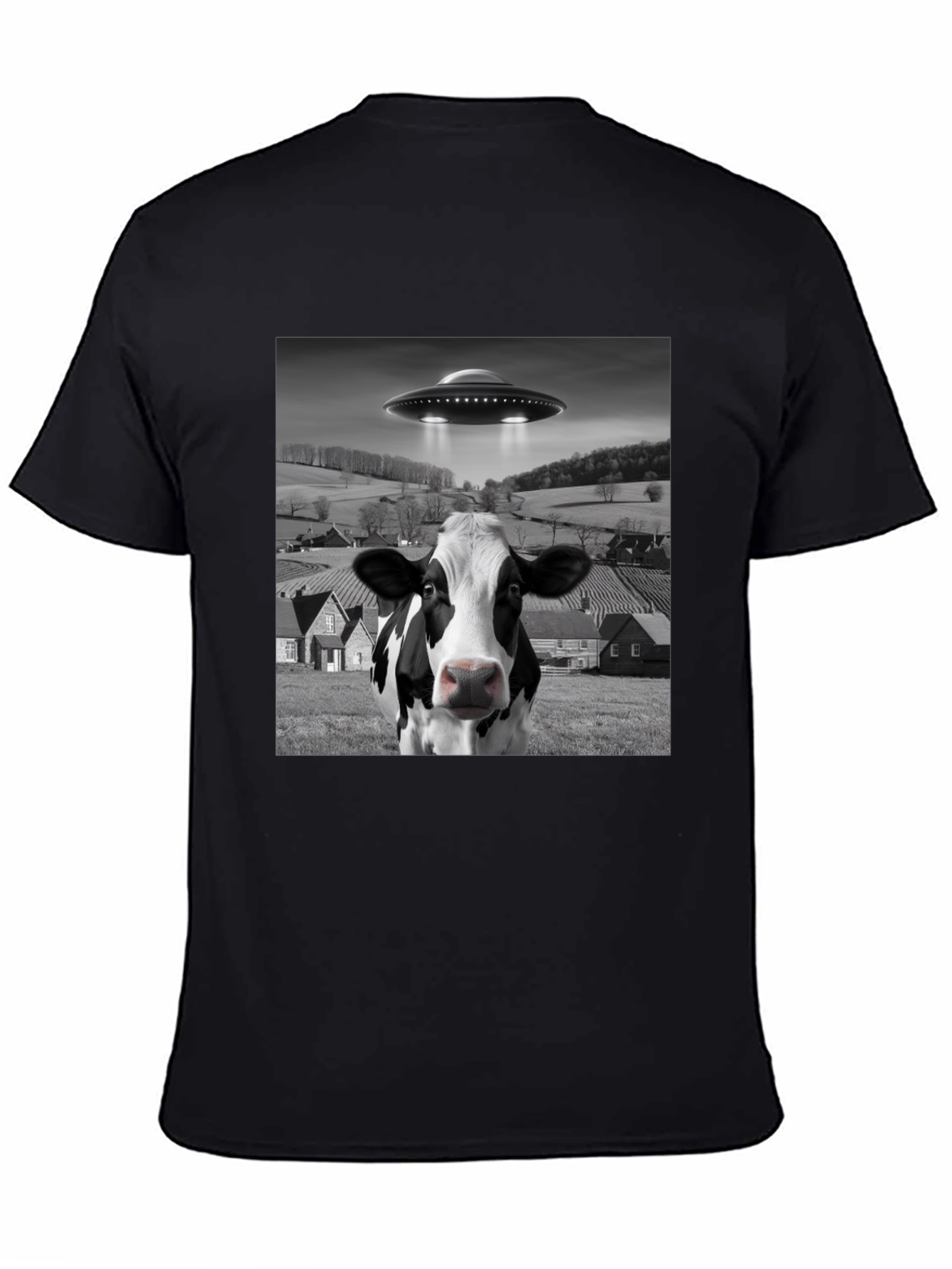 UFO Cow Abduction Black T-Shirt - Novelty Graphic Tee