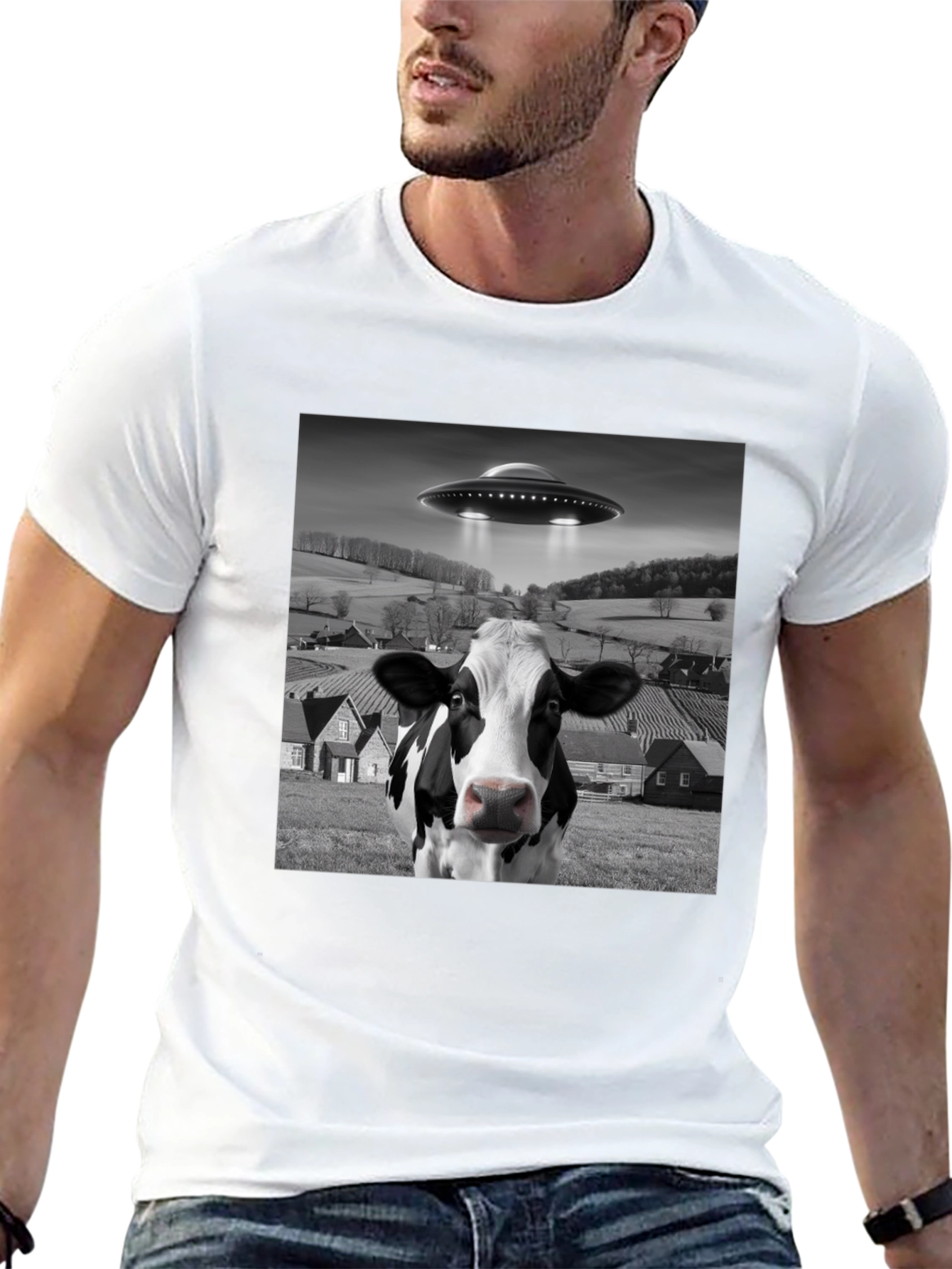 UFO Cow Abduction Black T-Shirt - Novelty Graphic Tee