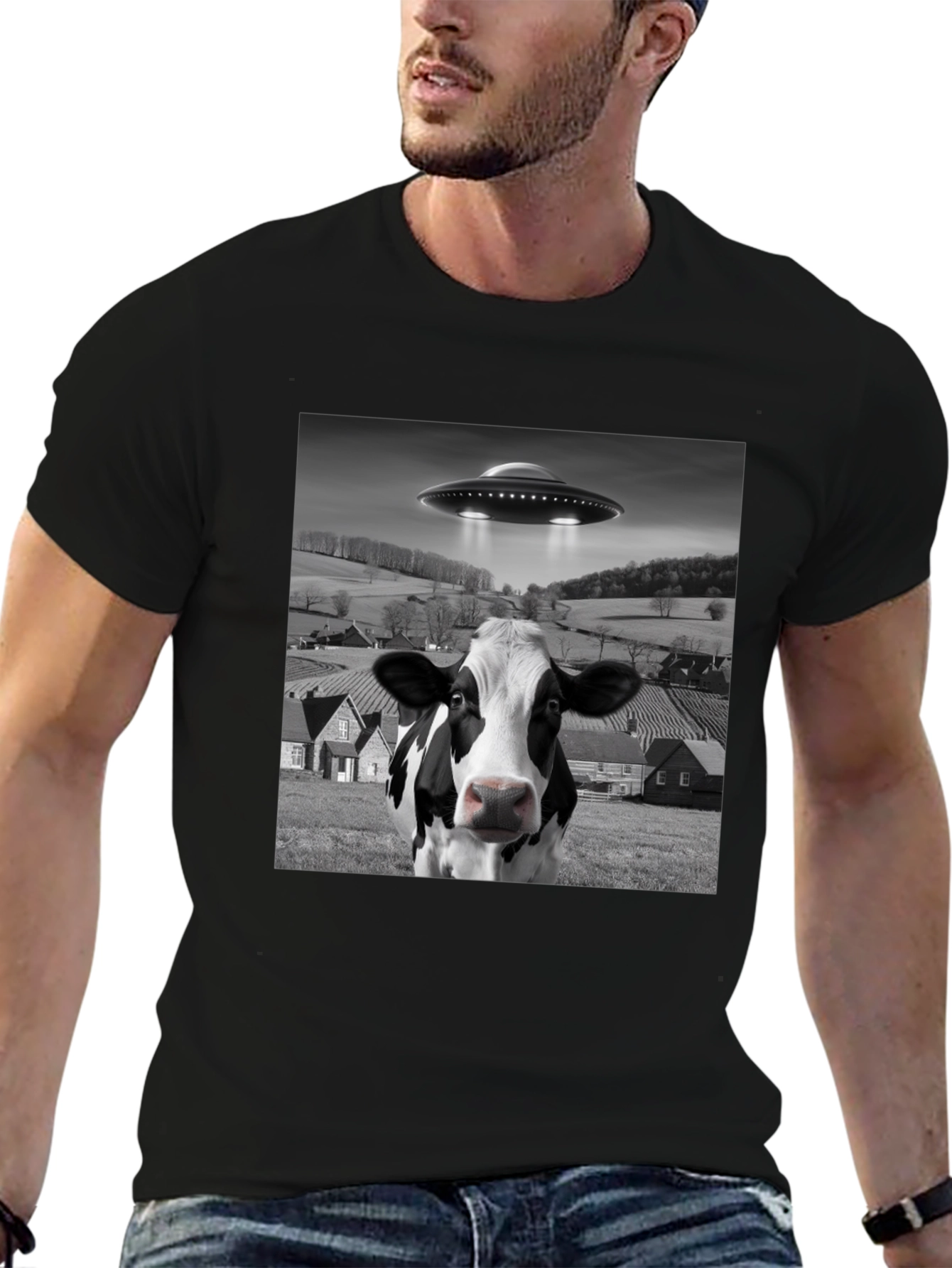 UFO Cow Abduction Black T-Shirt - Novelty Graphic Tee