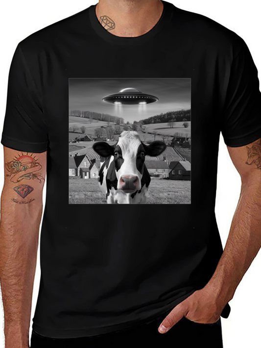UFO Cow Abduction Black T-Shirt - Novelty Graphic Tee