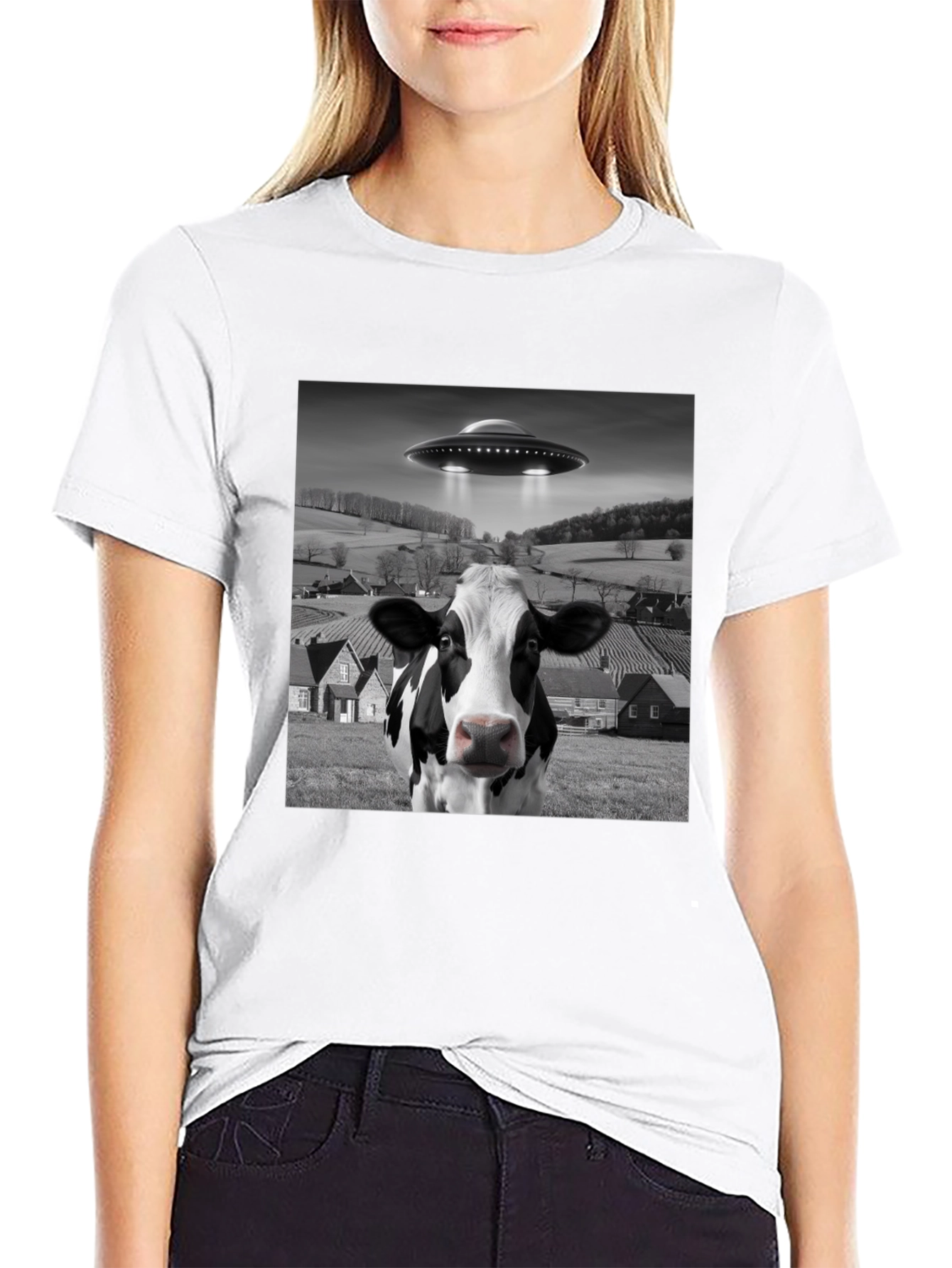 UFO Cow Abduction Black T-Shirt - Novelty Graphic Tee