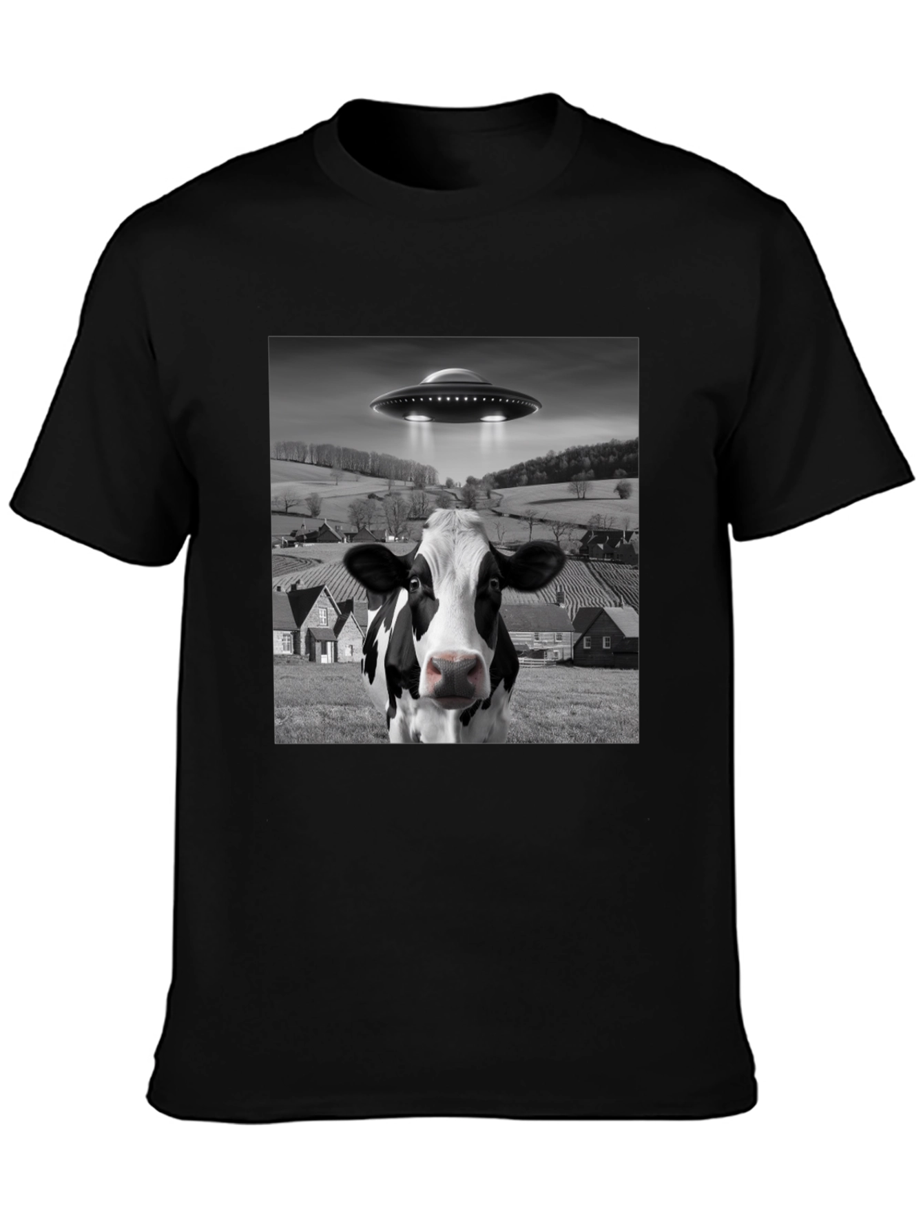 UFO Cow Abduction Black T-Shirt - Novelty Graphic Tee