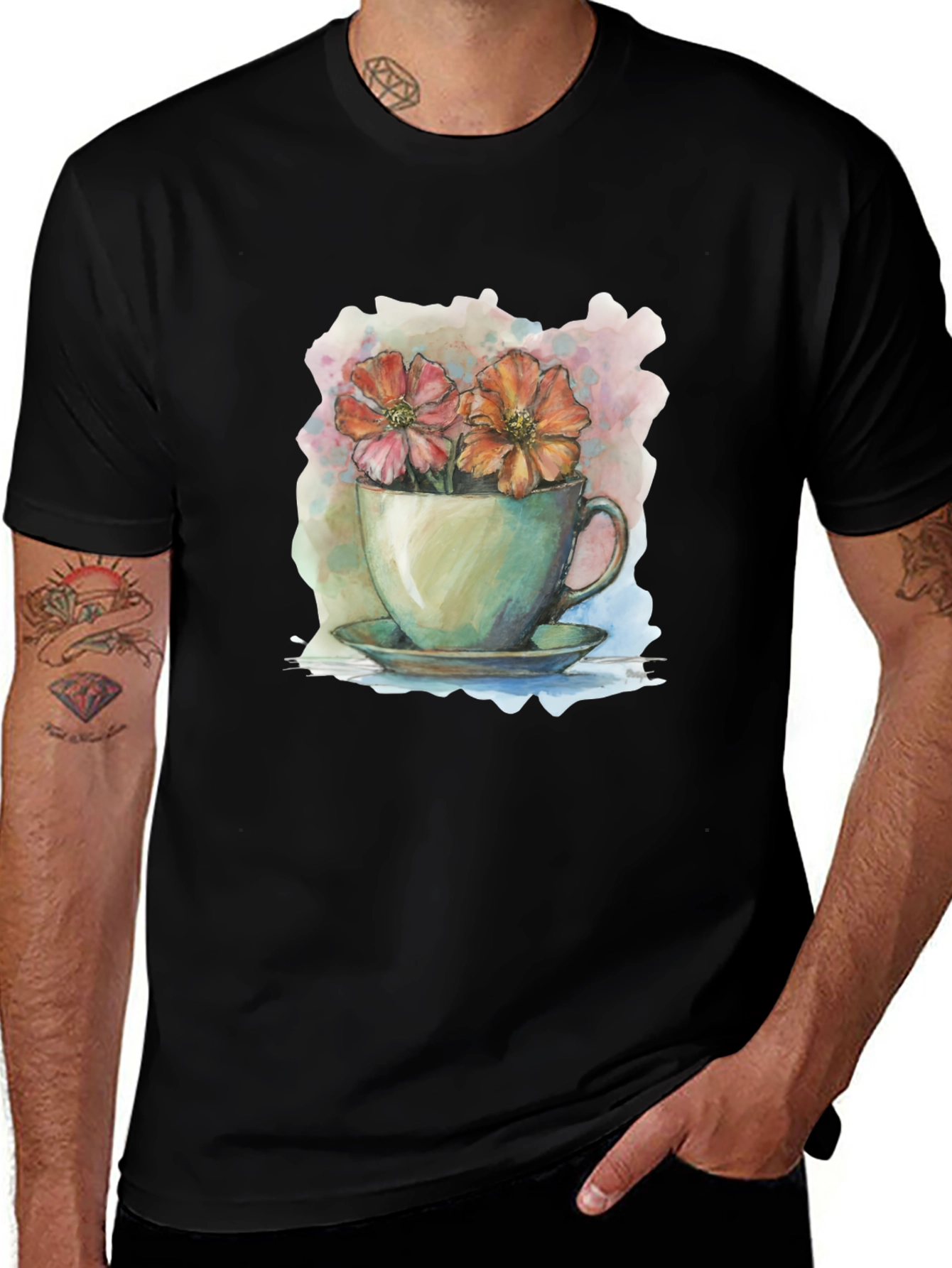 Floral Teacup Graphic Tee - Artistic Casual Wear