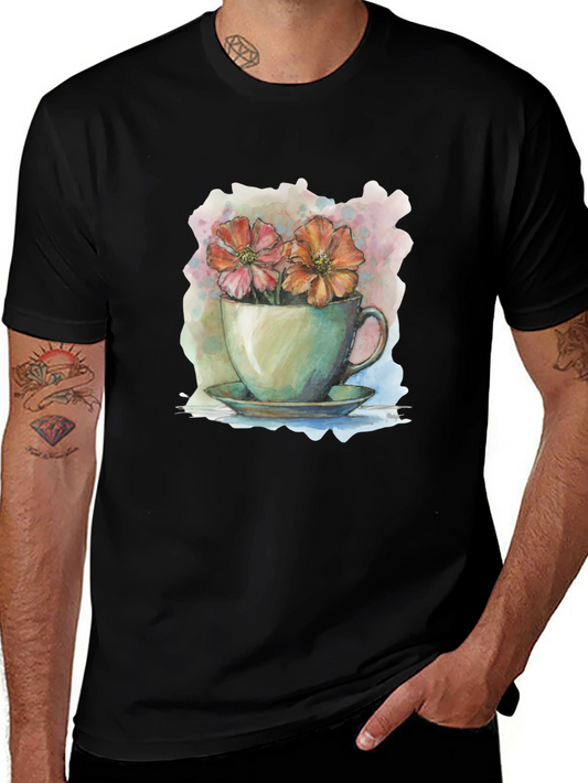 Floral Teacup Graphic Tee - Artistic Casual Wear