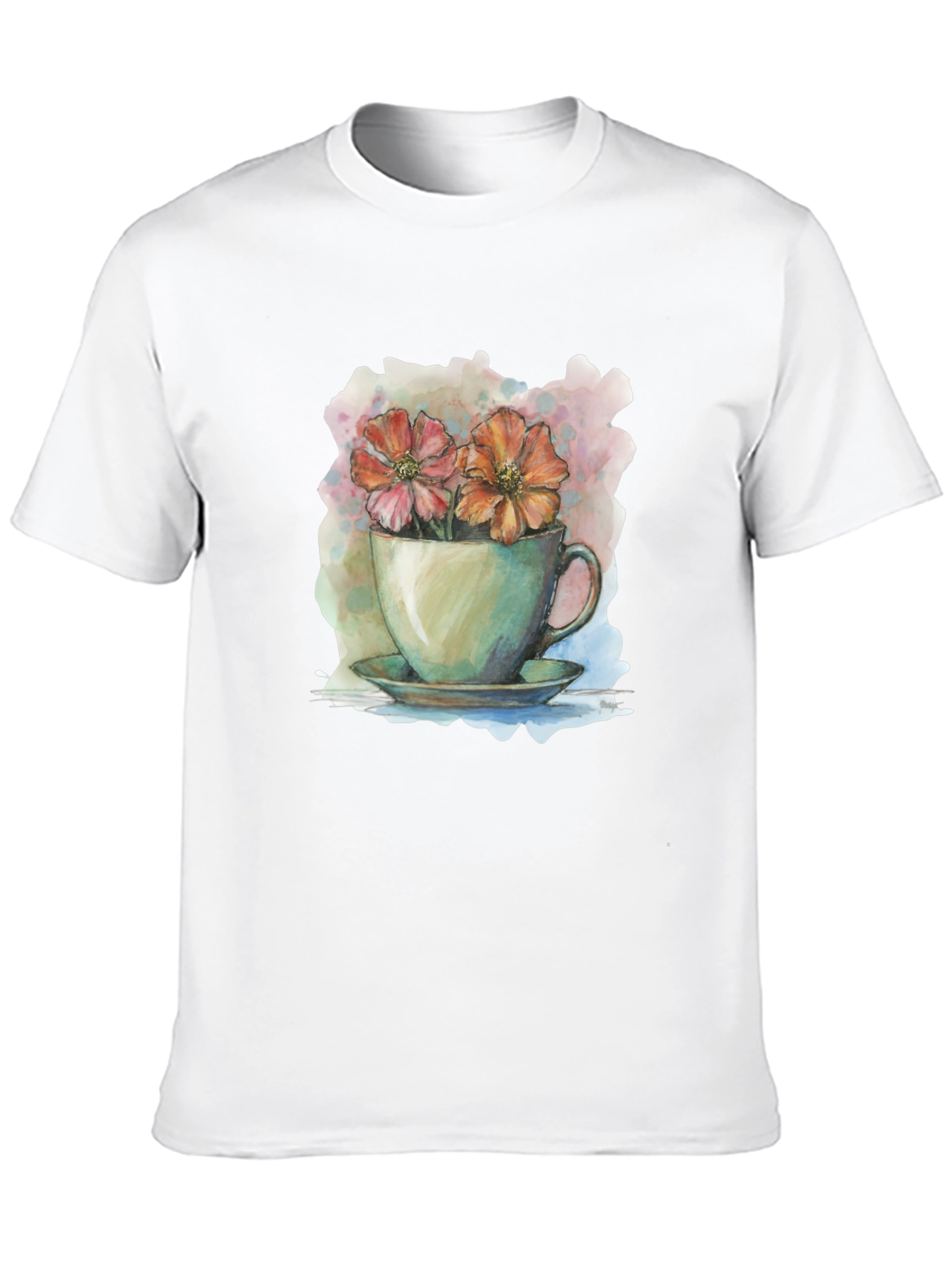 Floral Teacup Graphic Tee - Artistic Casual Wear