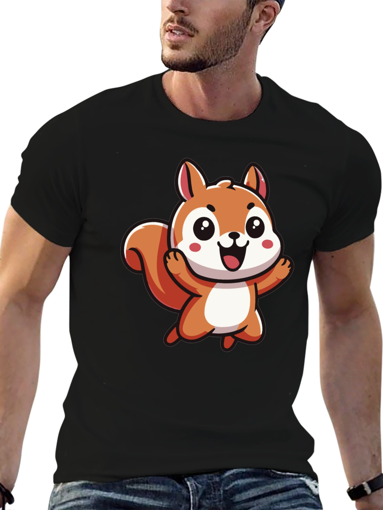 Cute Cartoon Squirrel Black T-Shirt