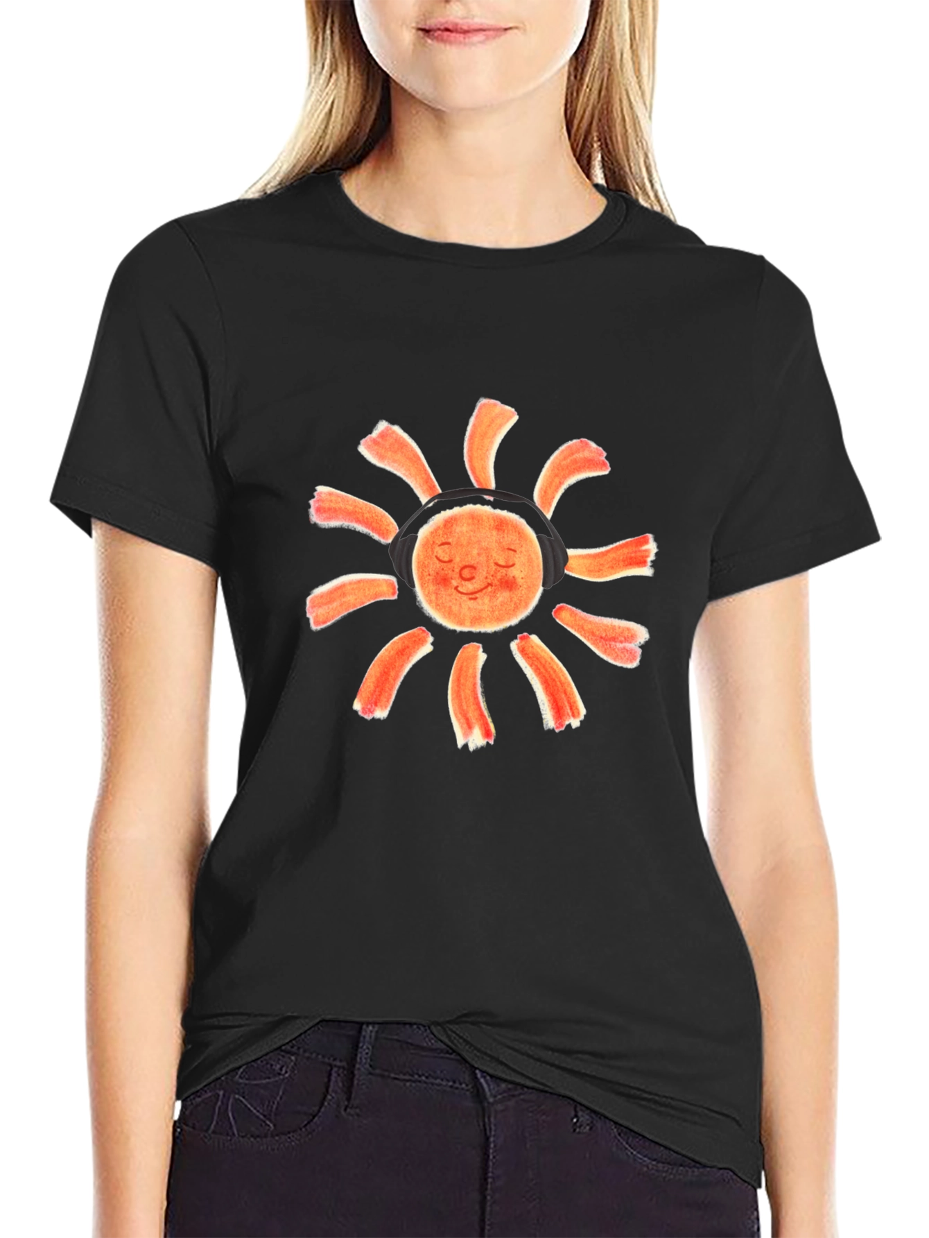 Sun With Headphones Black Graphic T-Shirt