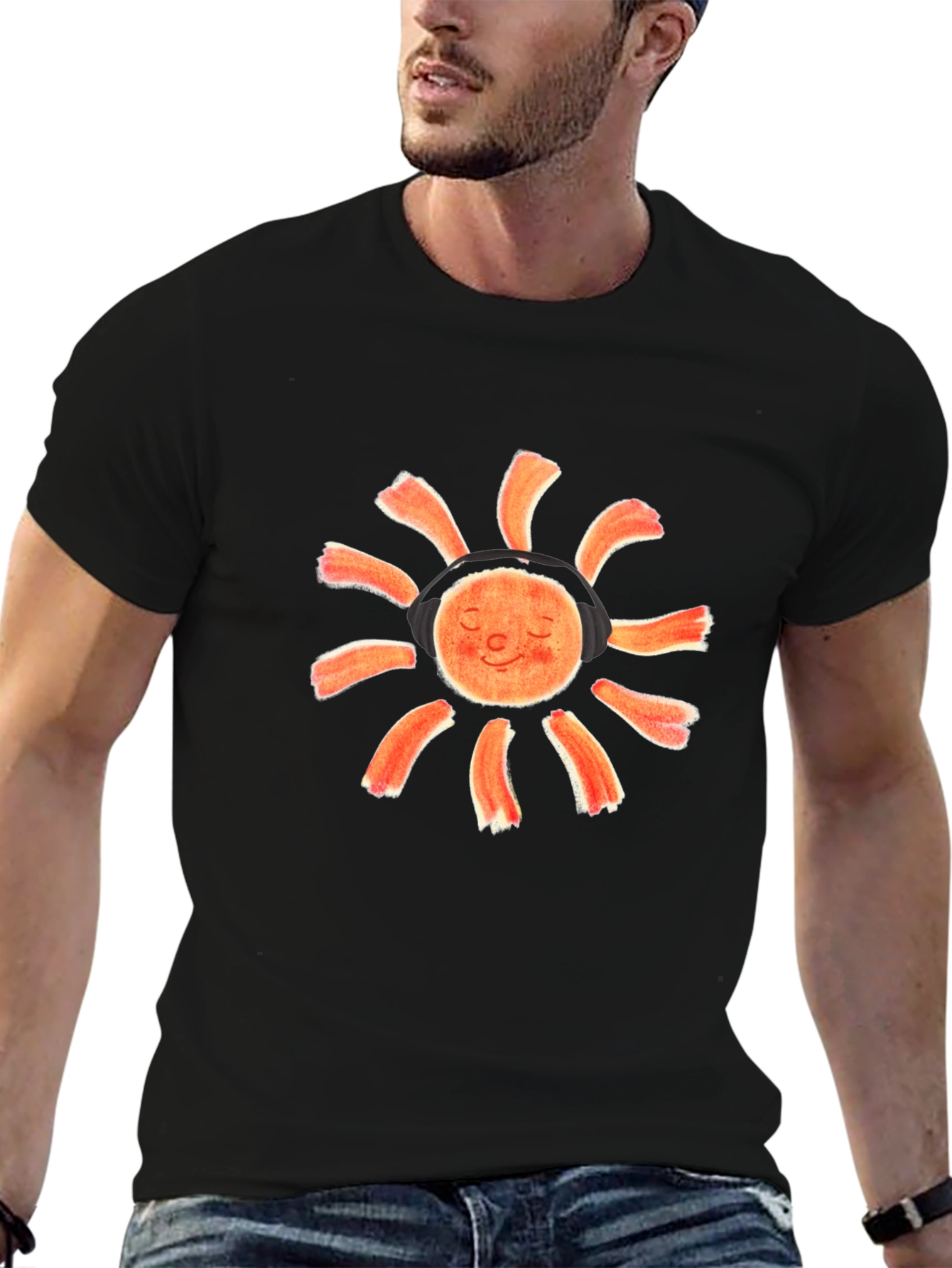 Sun With Headphones Black Graphic T-Shirt