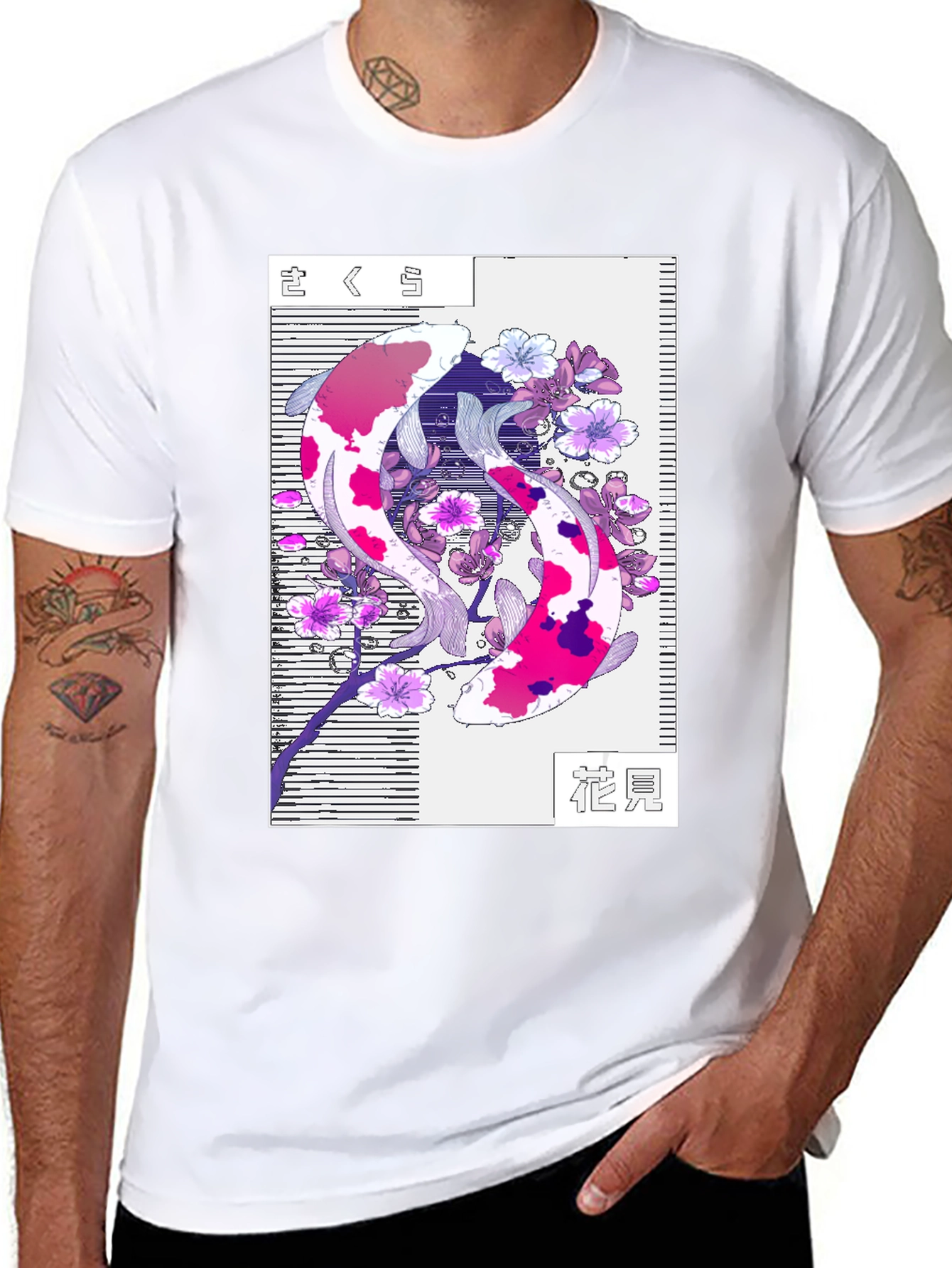 Koi Fish Cherry Blossom Graphic Tee - Black