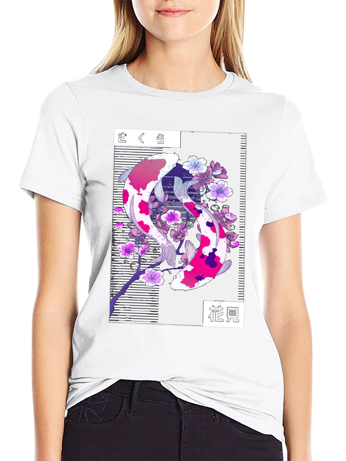 Koi Fish Cherry Blossom Graphic Tee - Black