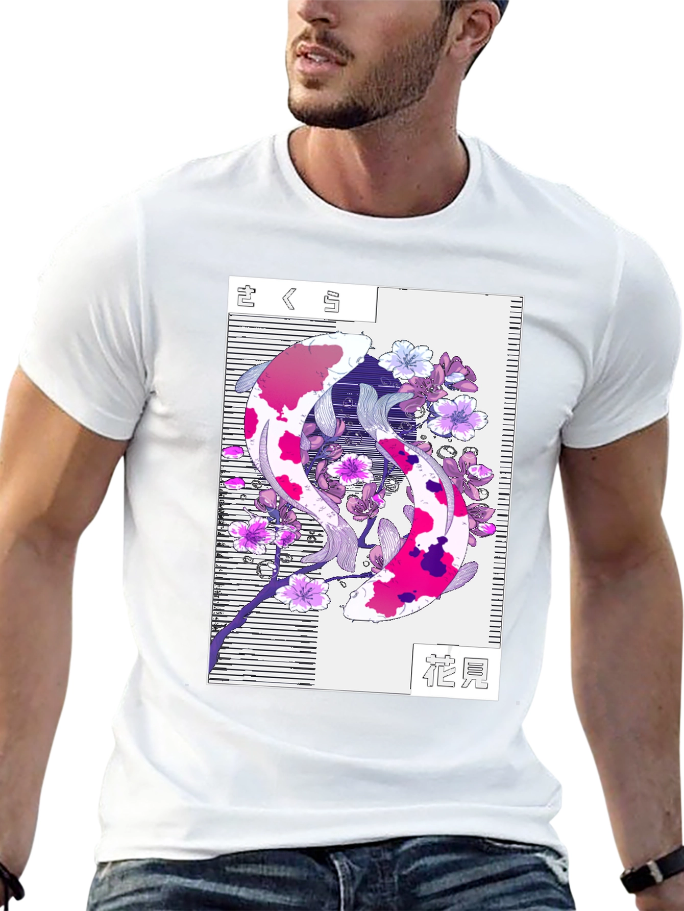 Koi Fish Cherry Blossom Graphic Tee - Black