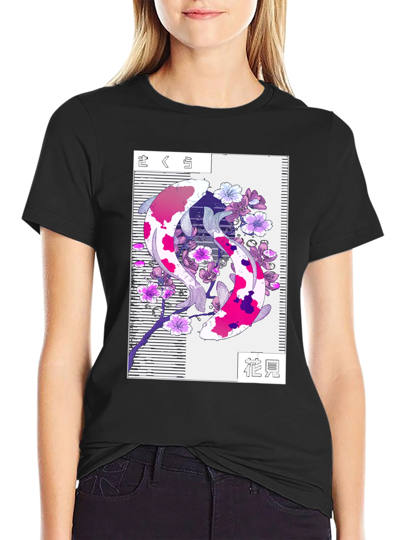 Koi Fish Cherry Blossom Graphic Tee - Black