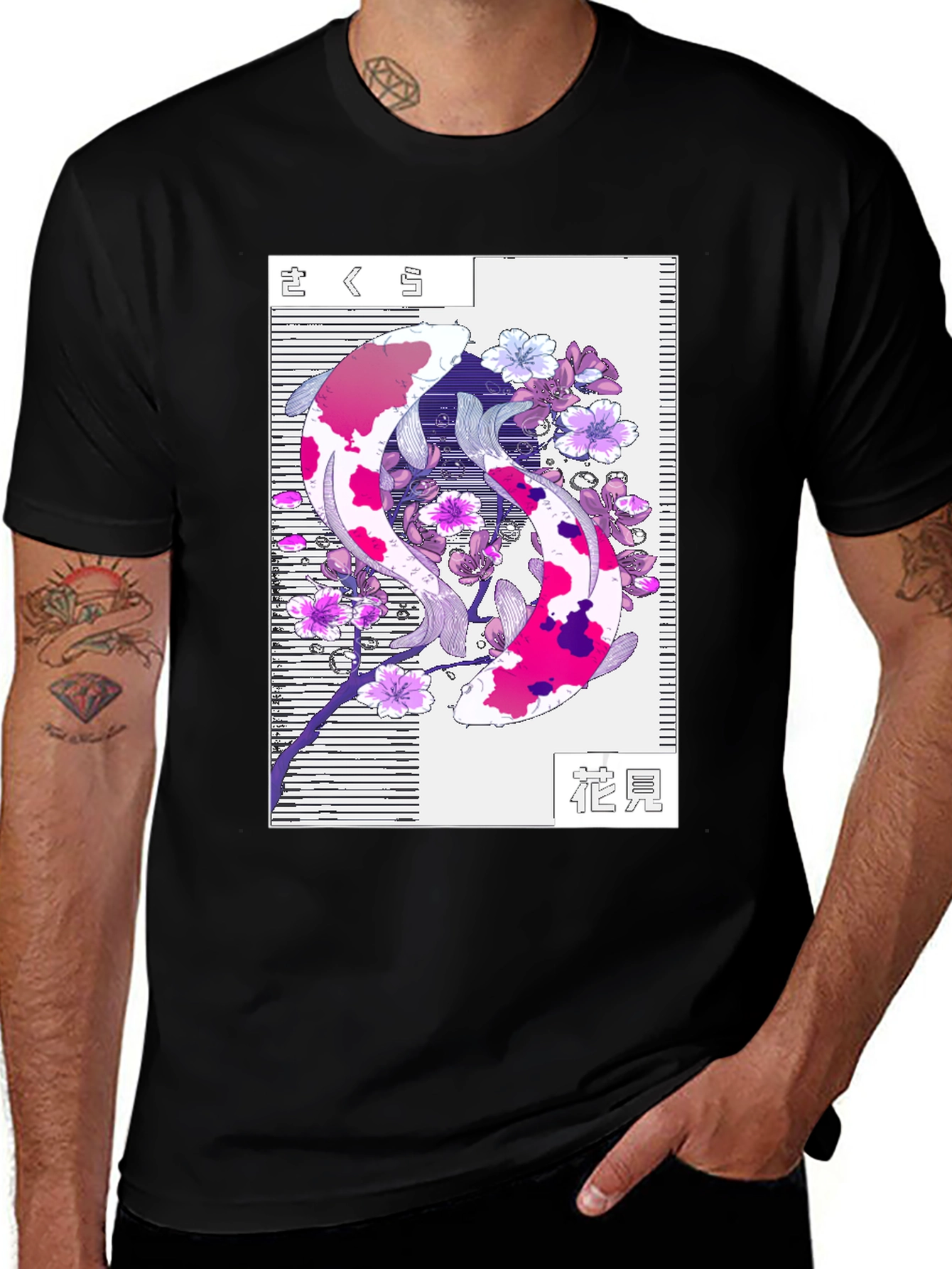 Koi Fish Cherry Blossom Graphic Tee - Black