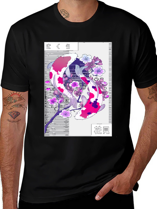 Koi Fish Cherry Blossom Graphic Tee - Black