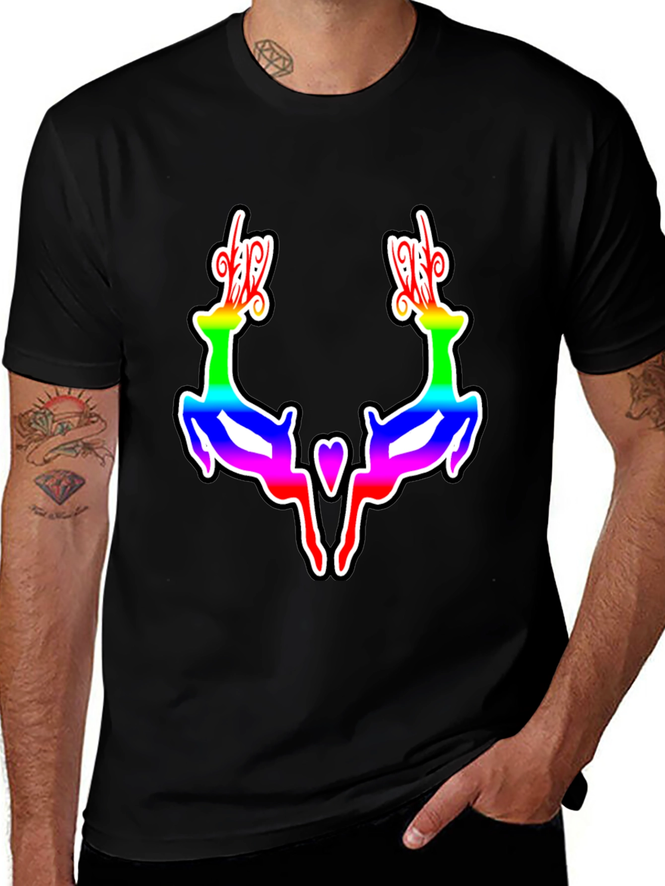 Rainbow Reindeer Graphic Black T-Shirt