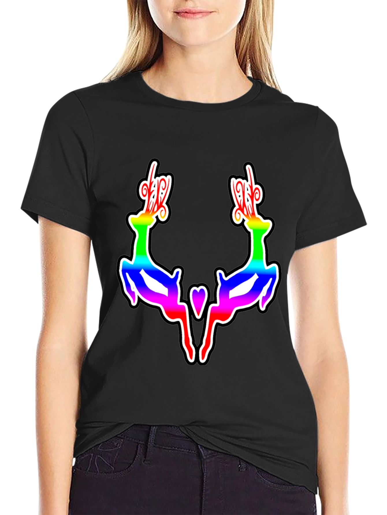 Rainbow Reindeer Graphic Black T-Shirt