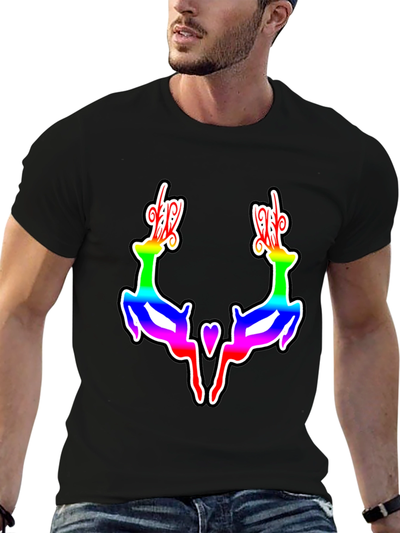 Rainbow Reindeer Graphic Black T-Shirt