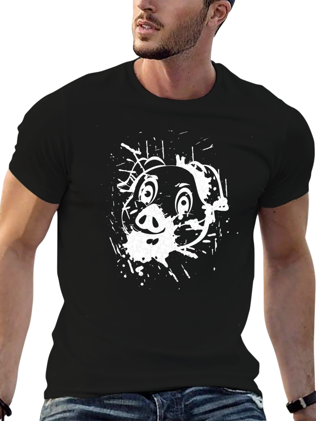 Abstract Pig Graphic Tee - Stylish Black Cotton T-Shirt