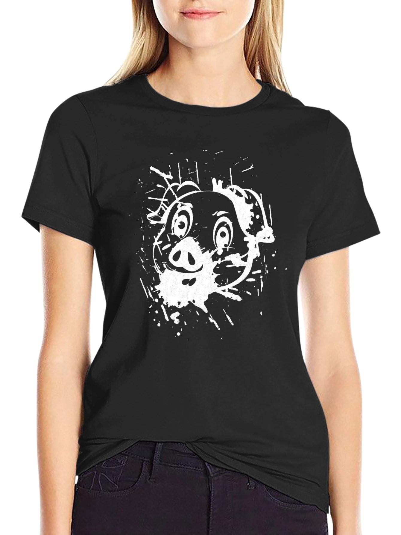Abstract Pig Graphic Tee - Stylish Black Cotton T-Shirt