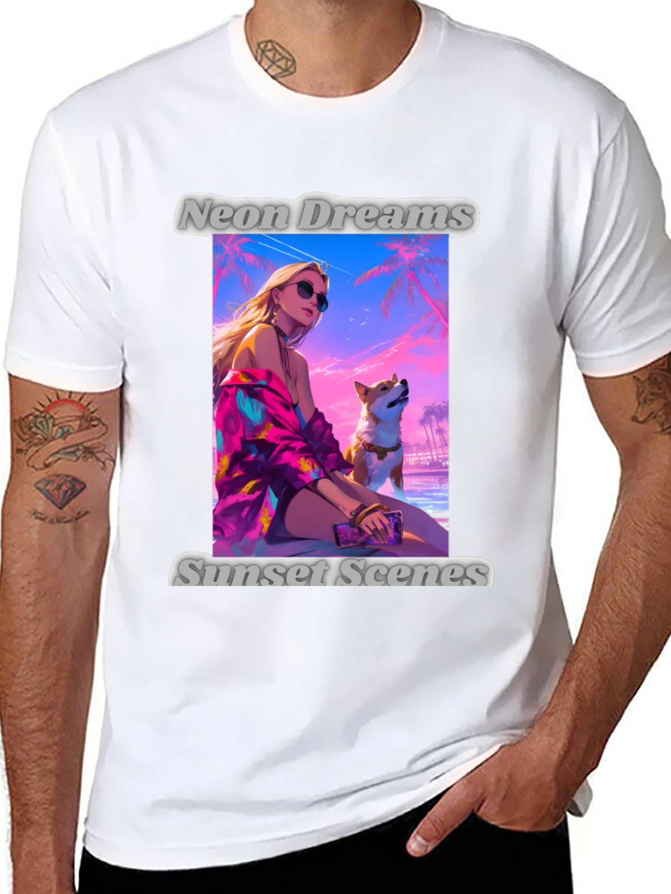Neon Dreams Sunset Scenes Black Graphic T-Shirt