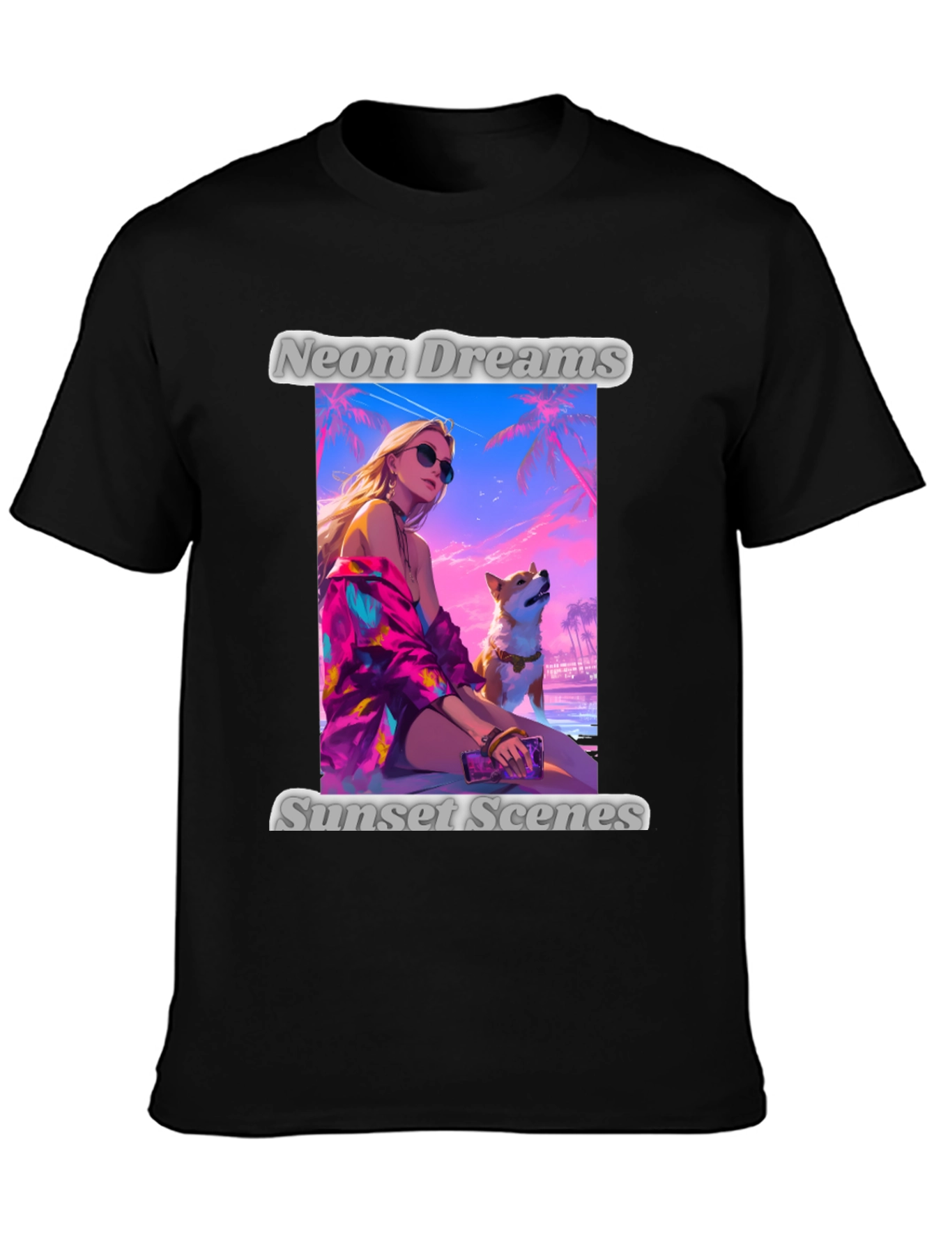 Neon Dreams Sunset Scenes Black Graphic T-Shirt