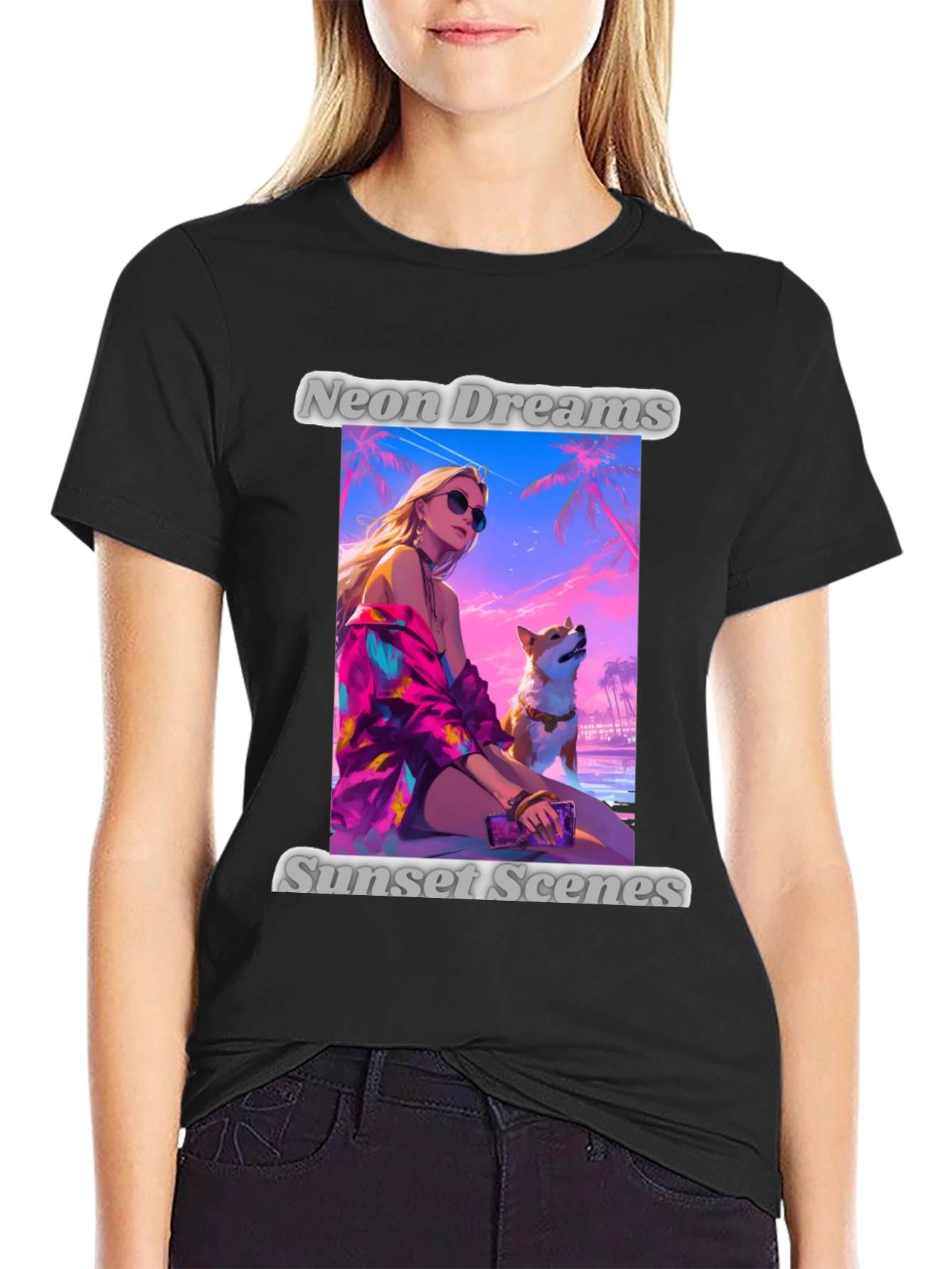 Neon Dreams Sunset Scenes Black Graphic T-Shirt