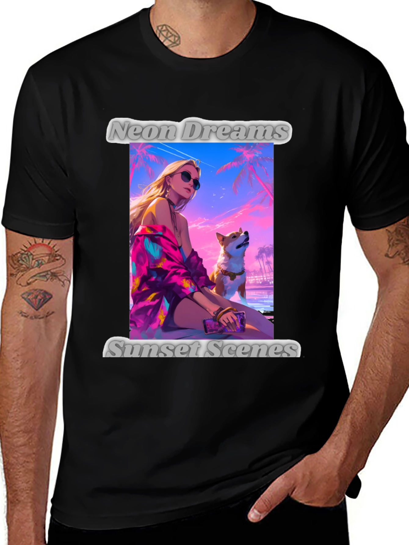 Neon Dreams Sunset Scenes Black Graphic T-Shirt