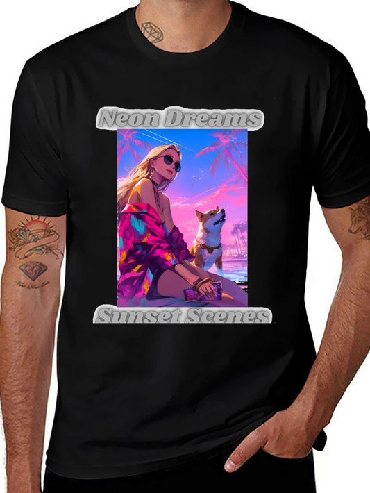 Neon Dreams Sunset Scenes Black Graphic T-Shirt