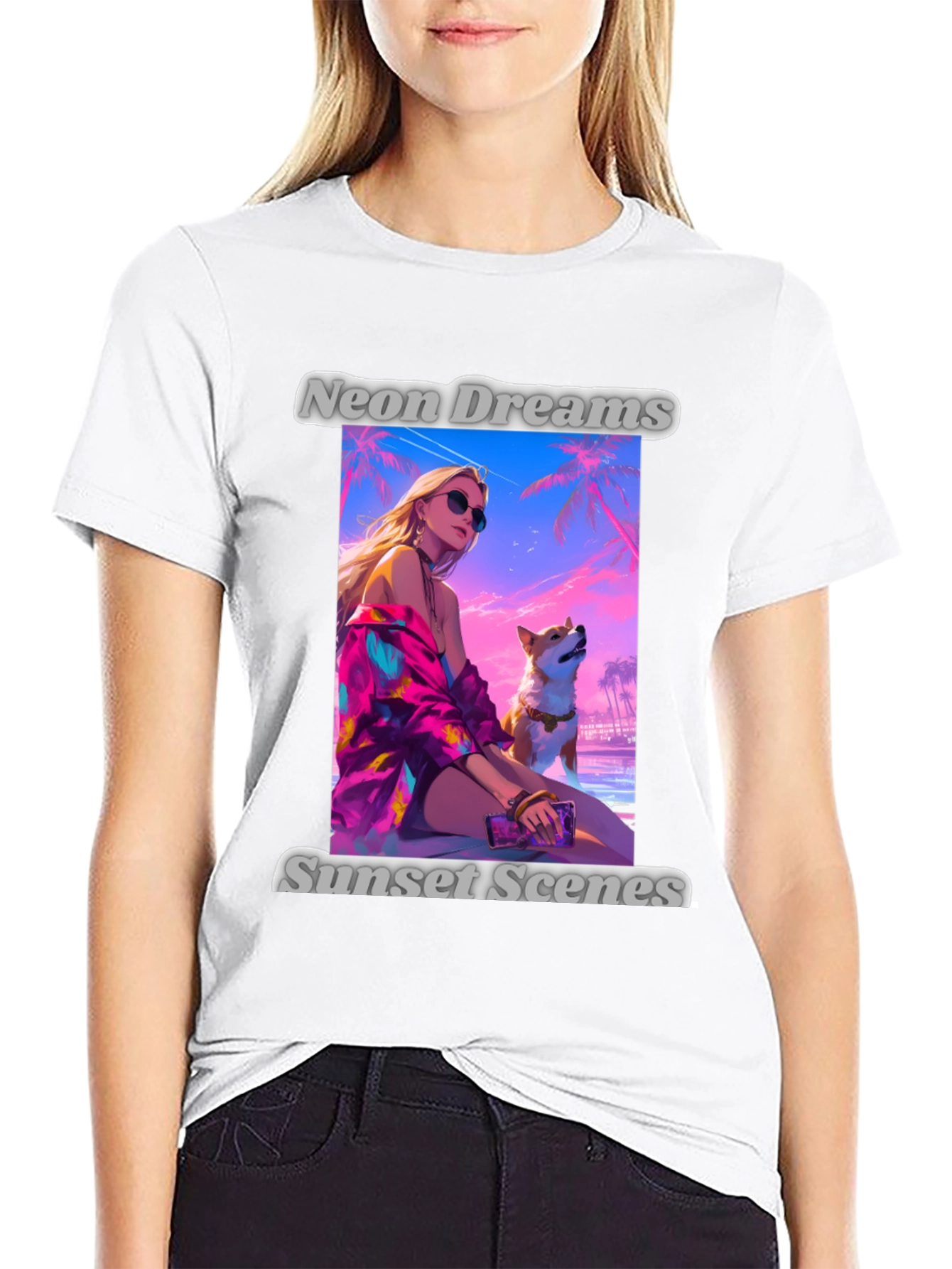 Neon Dreams Sunset Scenes Black Graphic T-Shirt