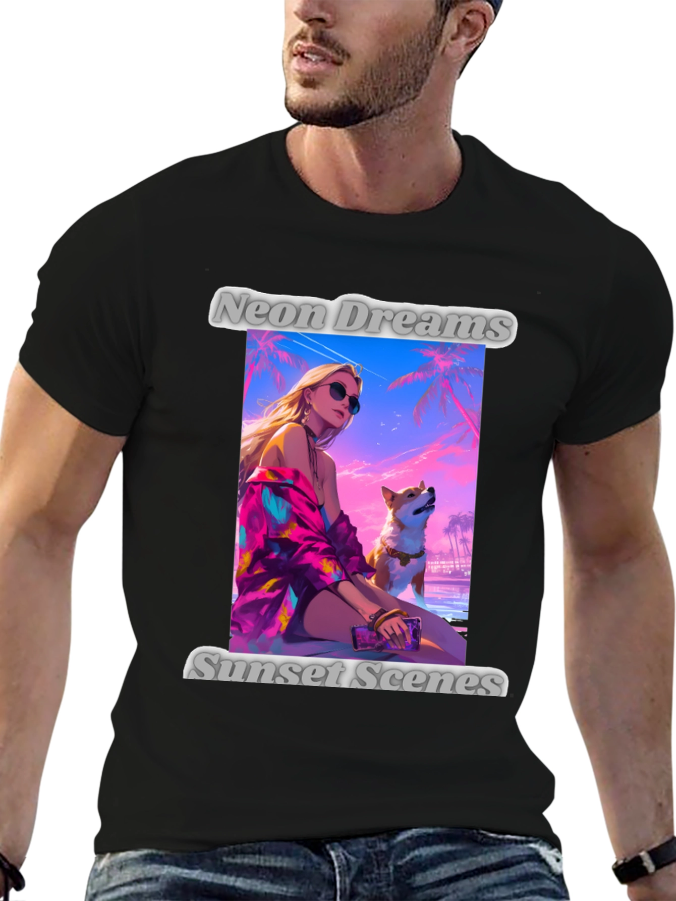 Neon Dreams Sunset Scenes Black Graphic T-Shirt