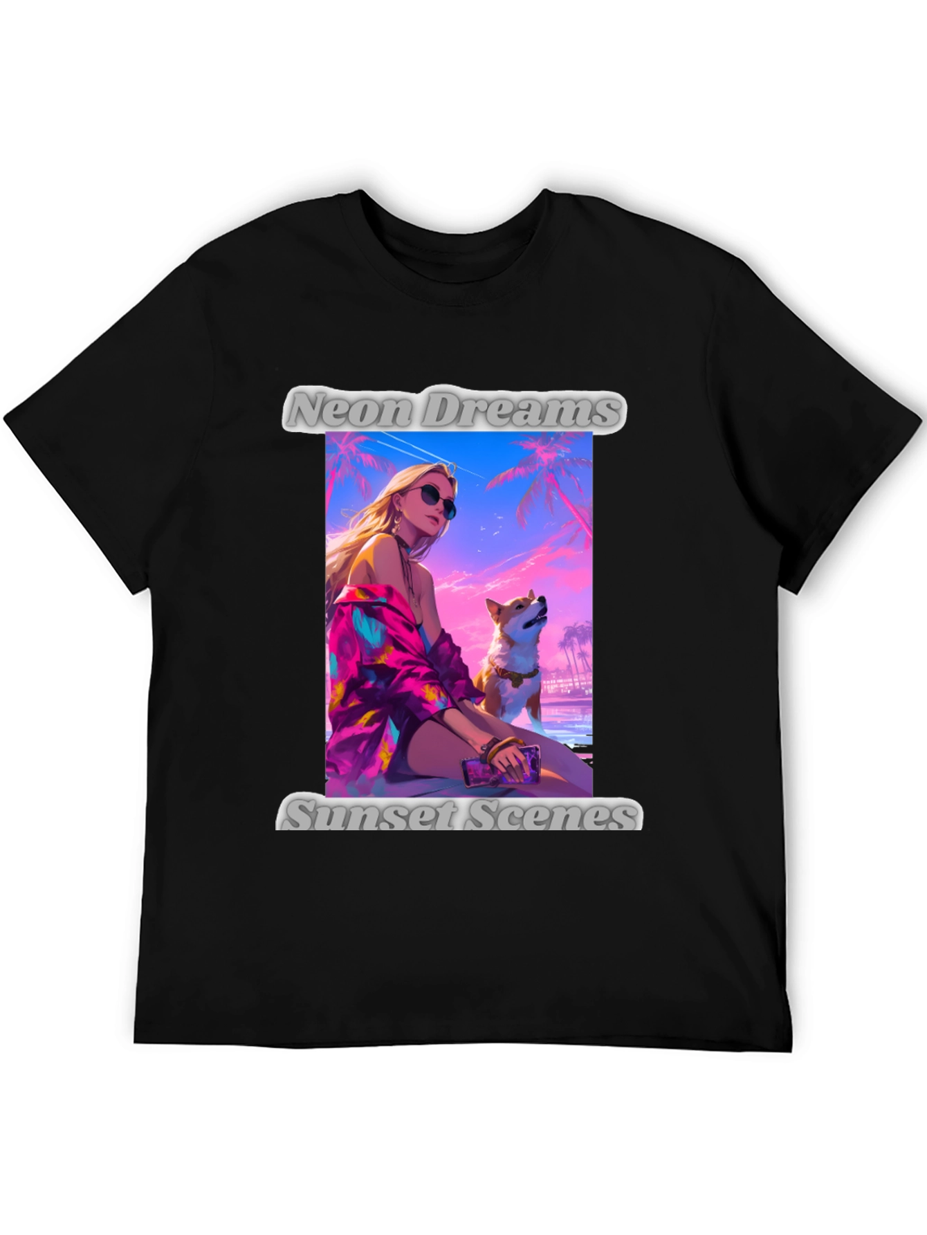 Neon Dreams Sunset Scenes Black Graphic T-Shirt