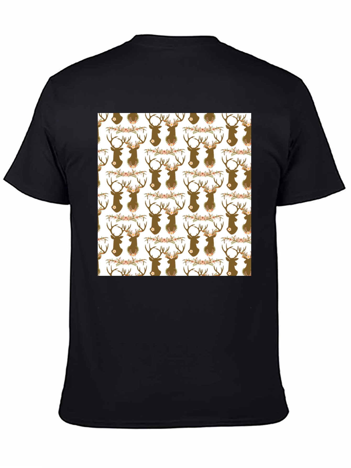 Deer Head Floral Pattern Black T-Shirt