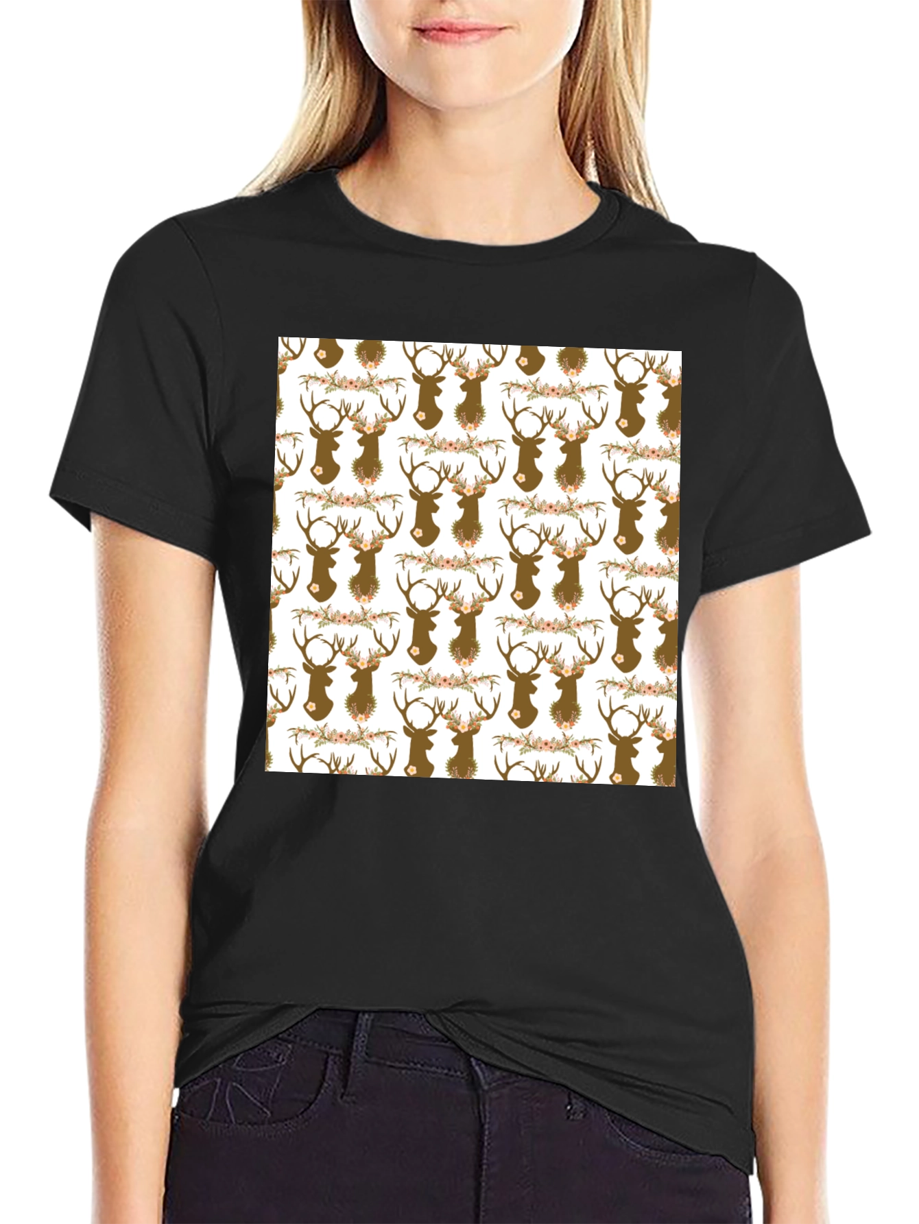 Deer Head Floral Pattern Black T-Shirt
