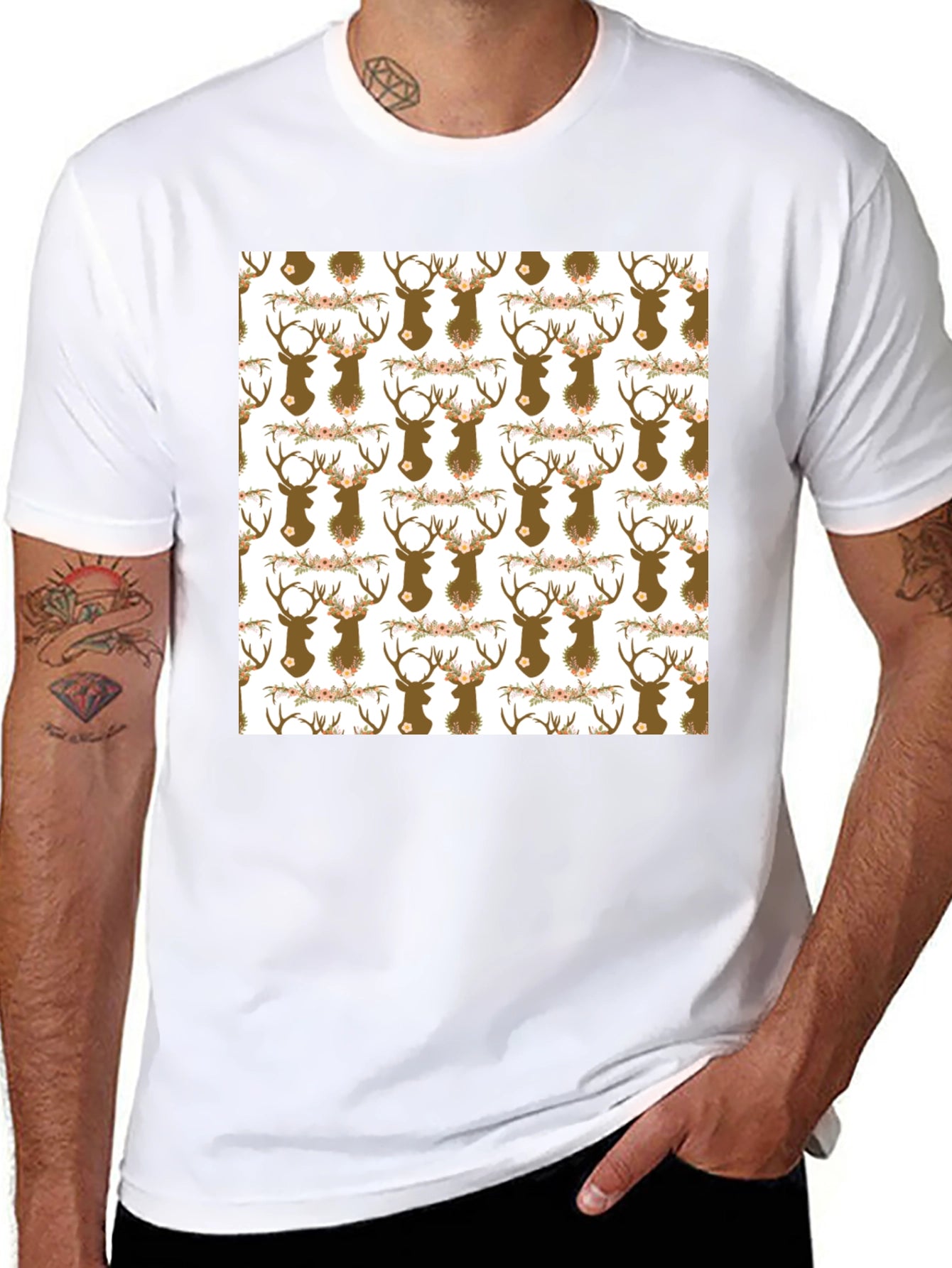 Deer Head Floral Pattern Black T-Shirt