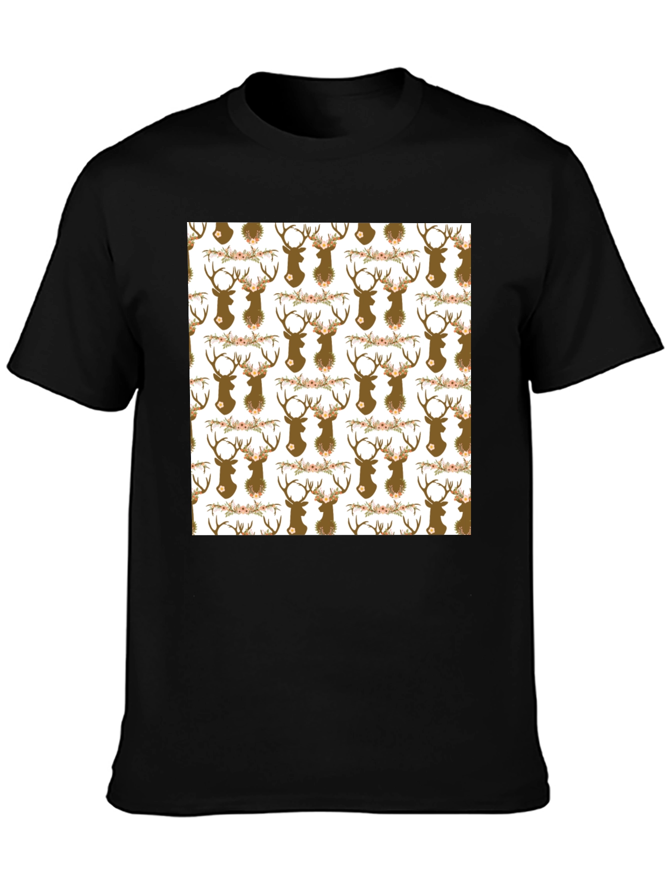 Deer Head Floral Pattern Black T-Shirt