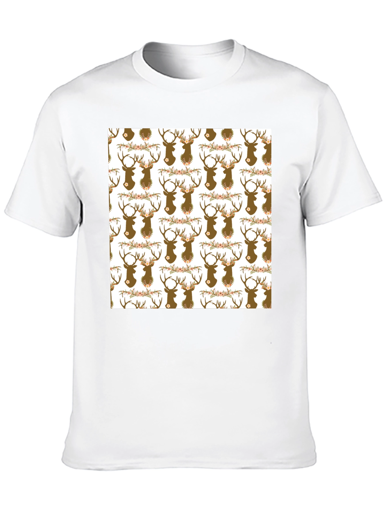 Deer Head Floral Pattern Black T-Shirt