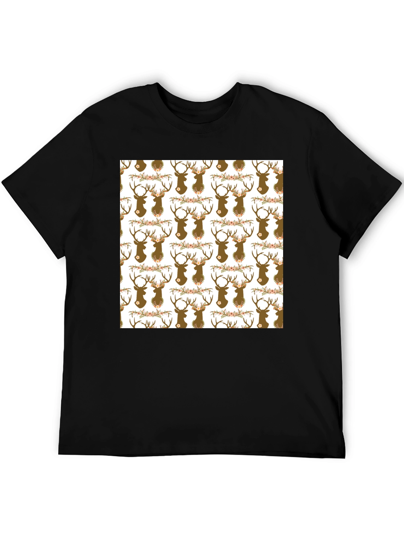 Deer Head Floral Pattern Black T-Shirt